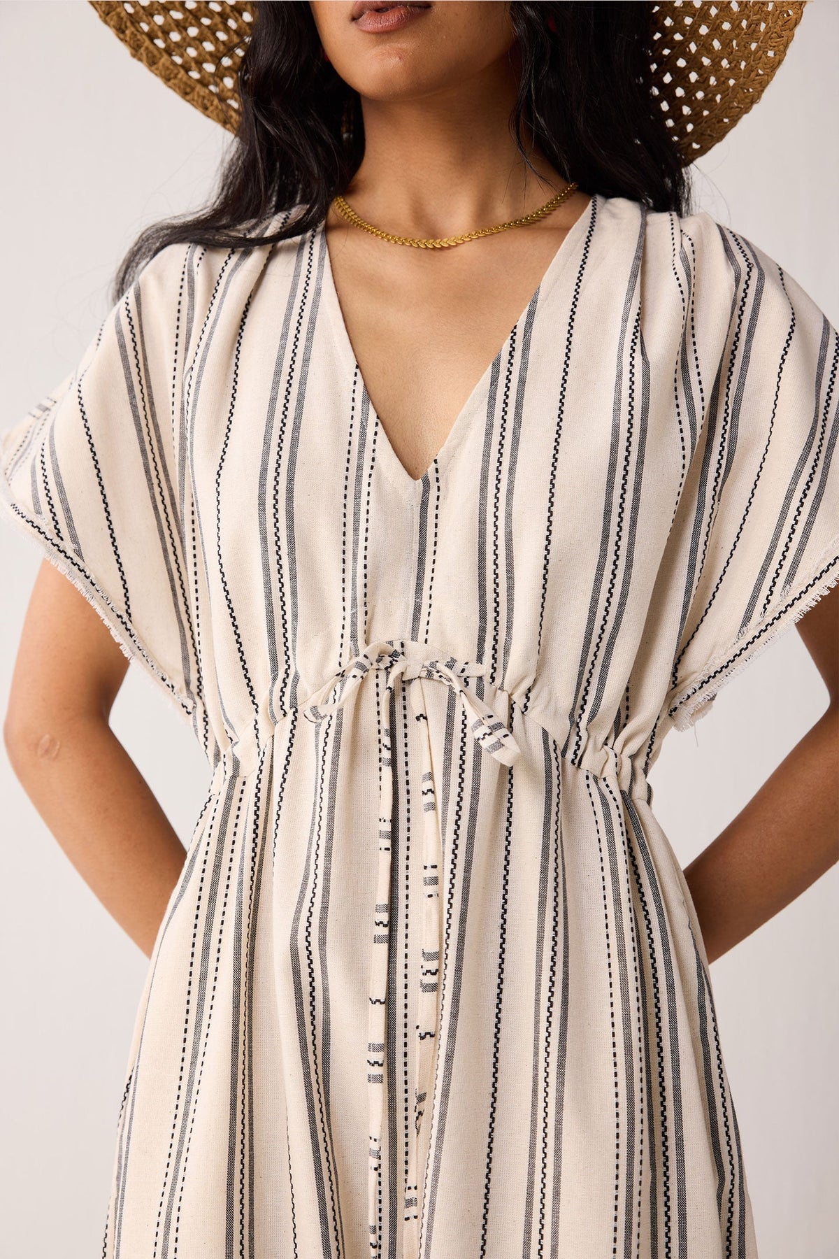 Maxi Gathered Dress with Side Slits in Stripes