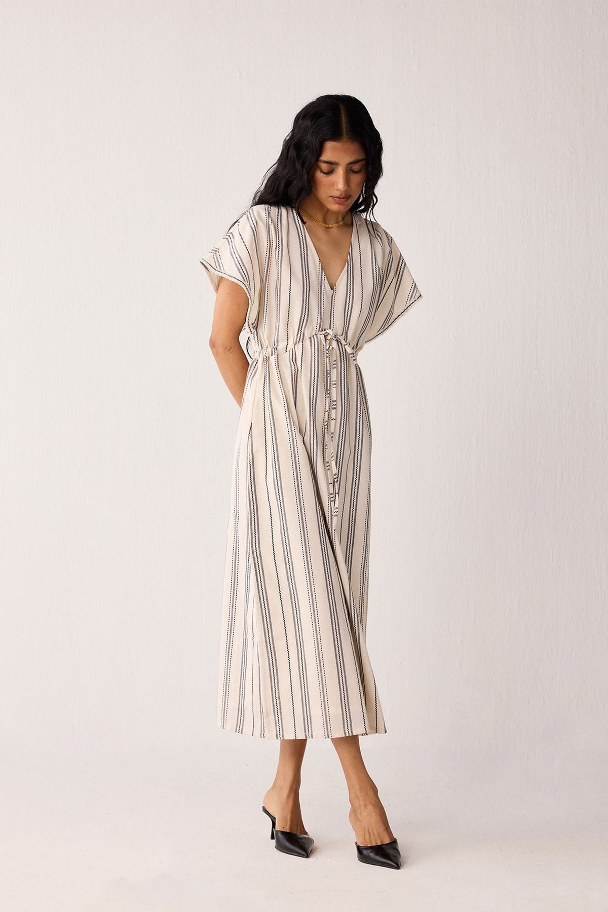 Maxi Gathered Dress with Side Slits in Stripes