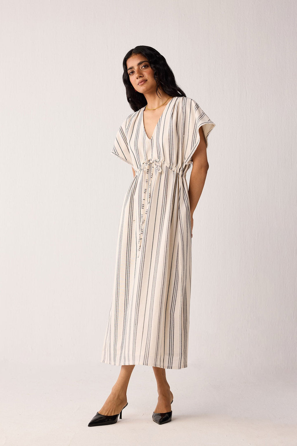 Maxi Gathered Dress with Side Slits in Stripes