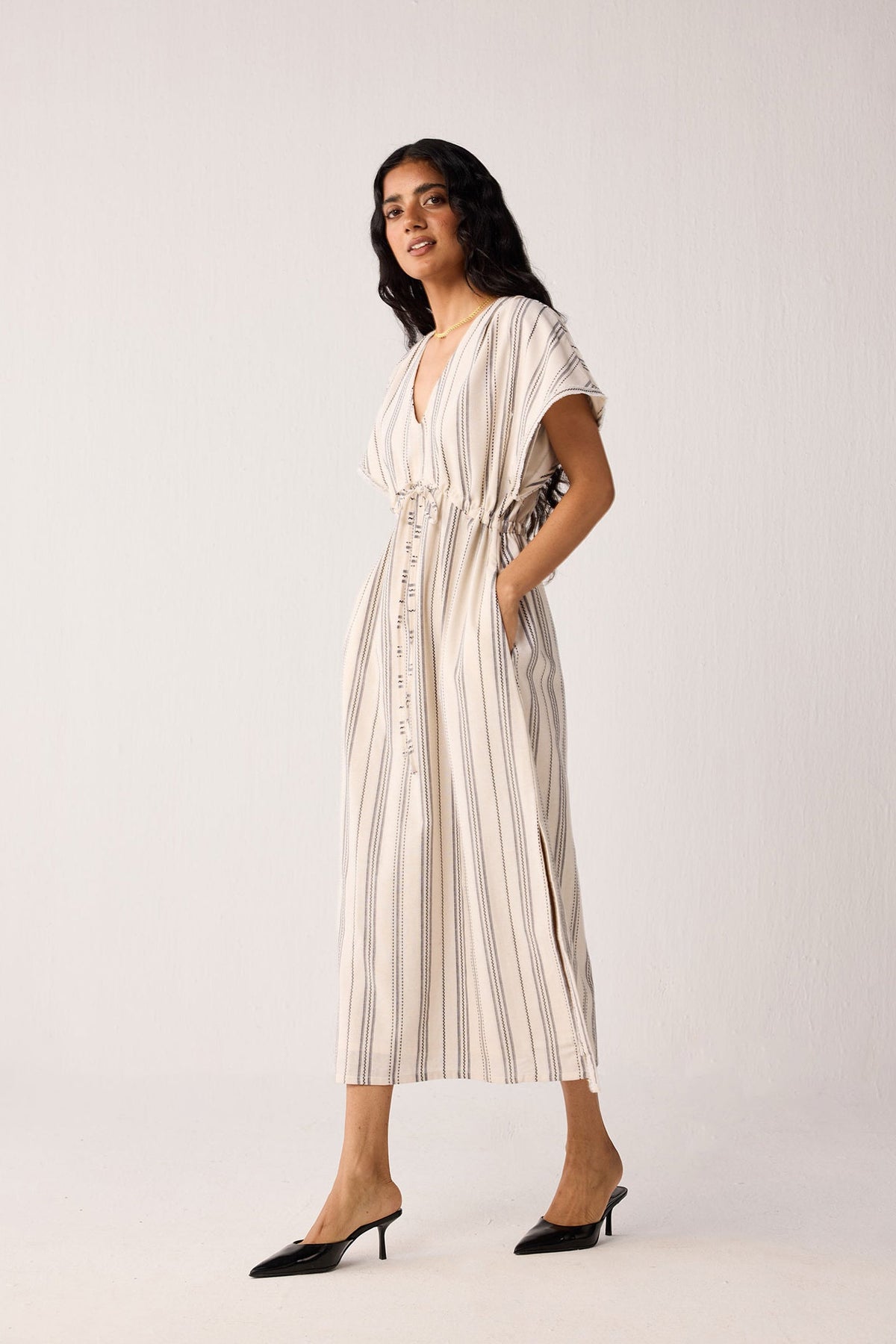 Maxi Gathered Dress with Side Slits in Stripes