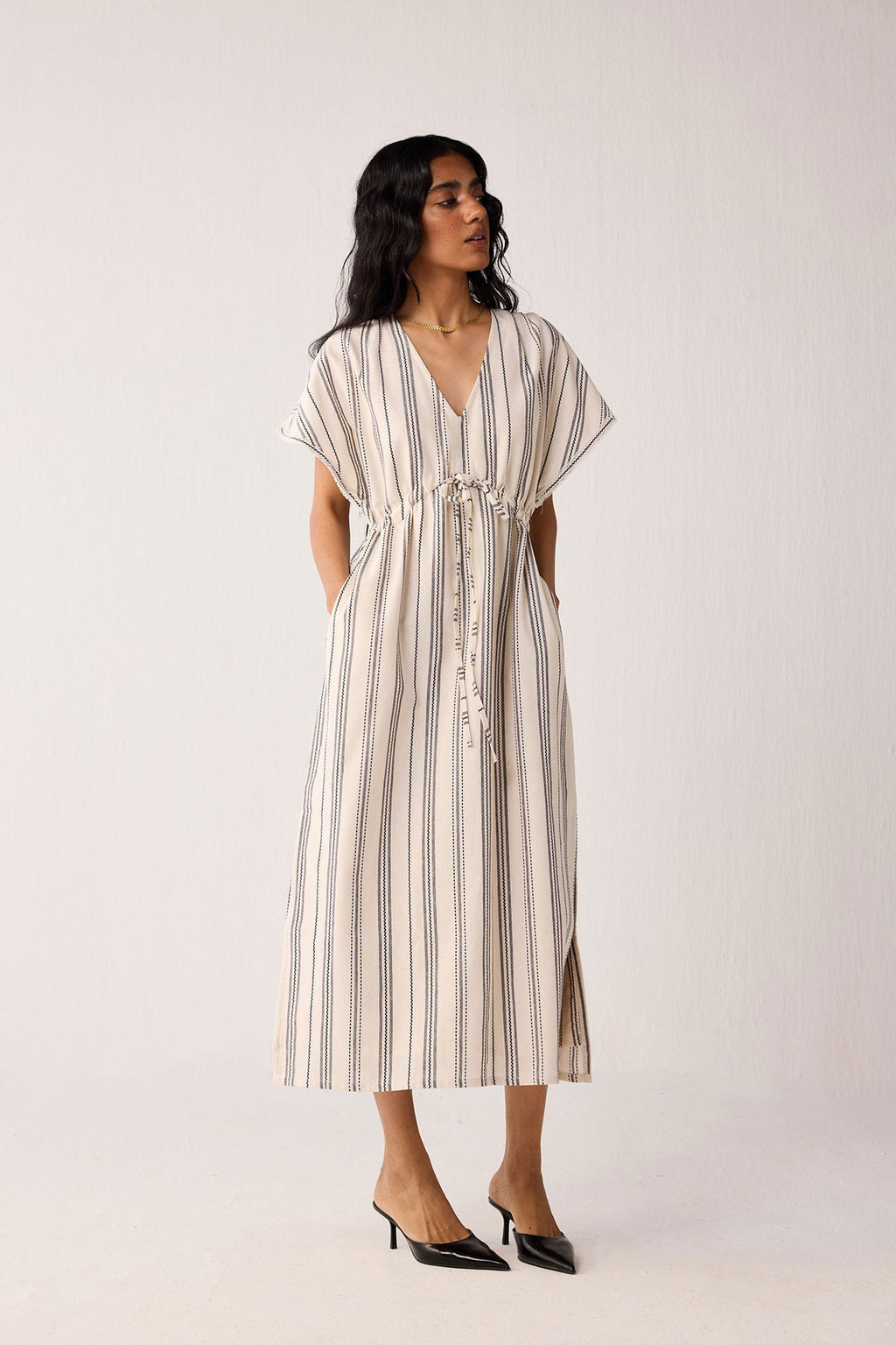 Maxi Gathered Dress with Side Slits in Stripes
