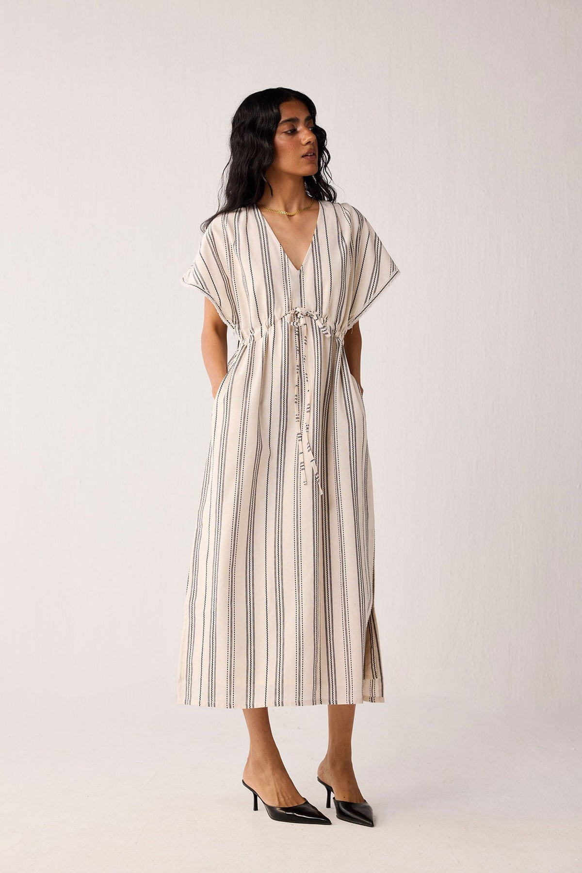 Maxi Gathered Dress with Side Slits in Stripes