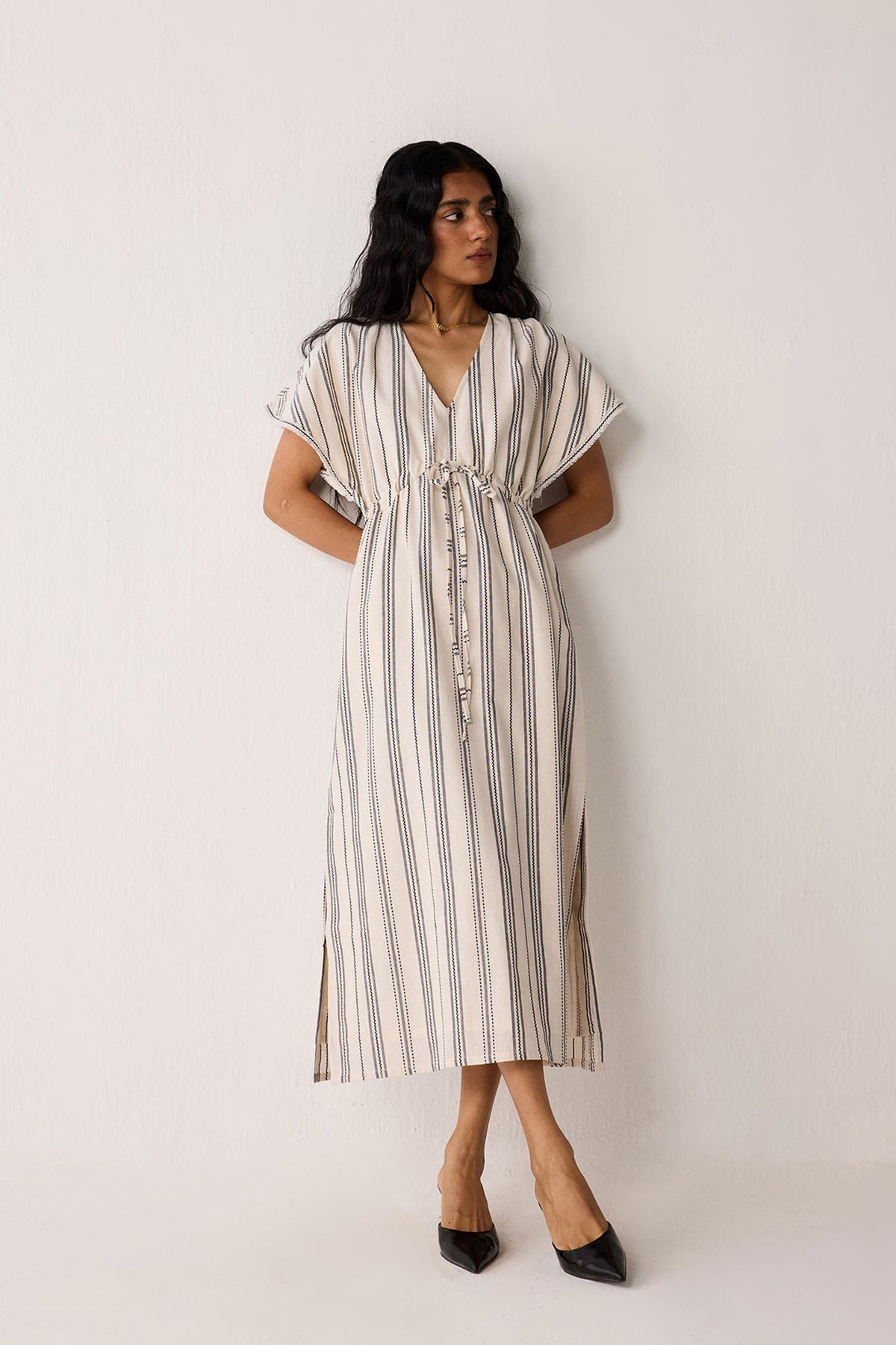 Maxi Gathered Dress with Side Slits in Stripes