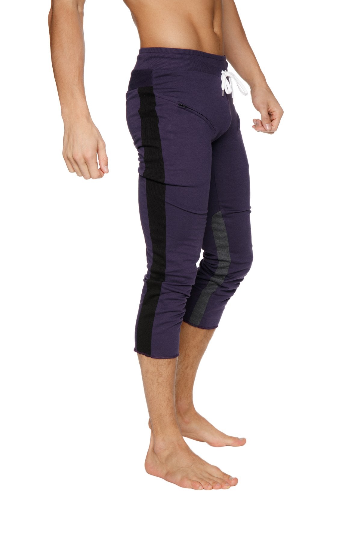 Mens 4/5 Zipper Pocket Capri Yoga Pants (Eggplant w/Black & Charcoal)