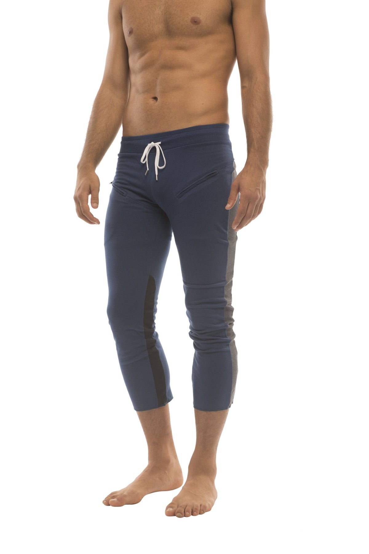 Mens 4/5 Zipper Pocket Capri Yoga Pants (Royal w/Charcoal & Black)