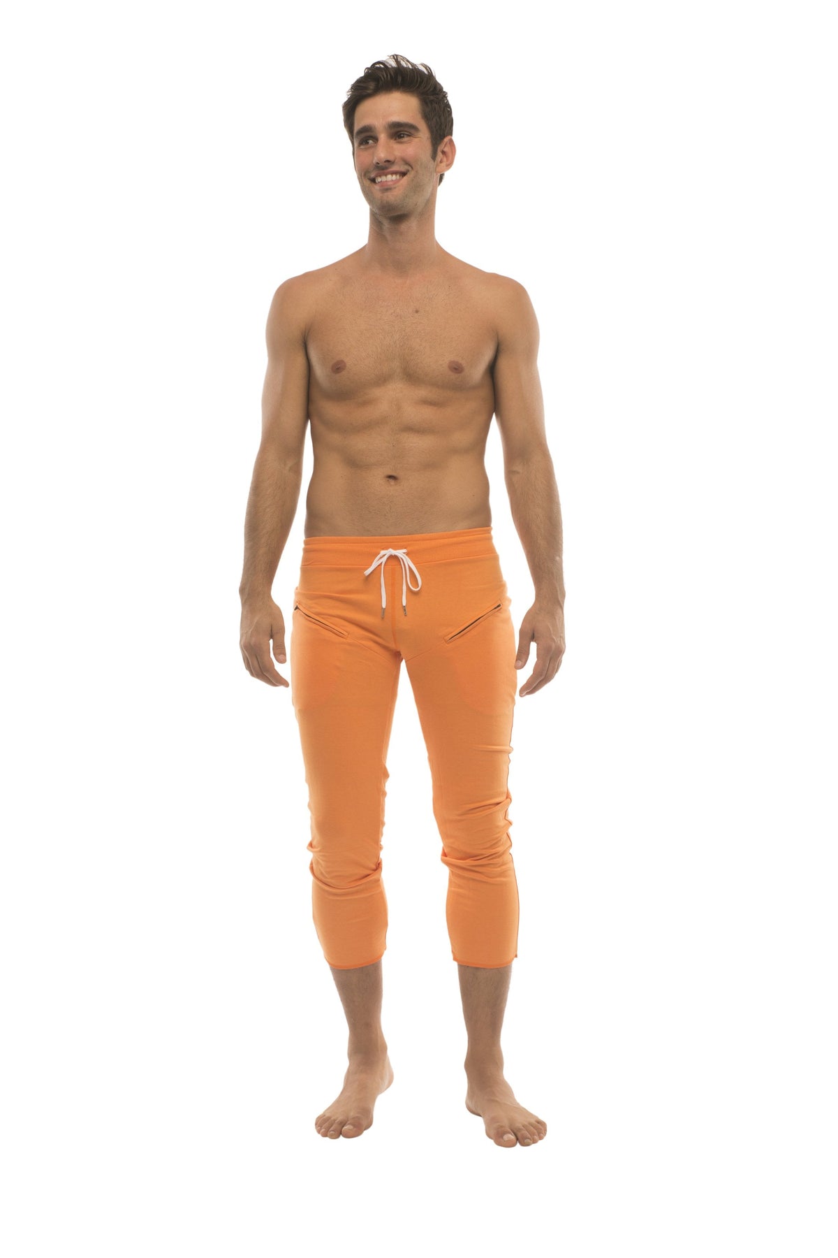 Mens 4/5 Zipper Pocket Capri Yoga Pants (Solid Orange)