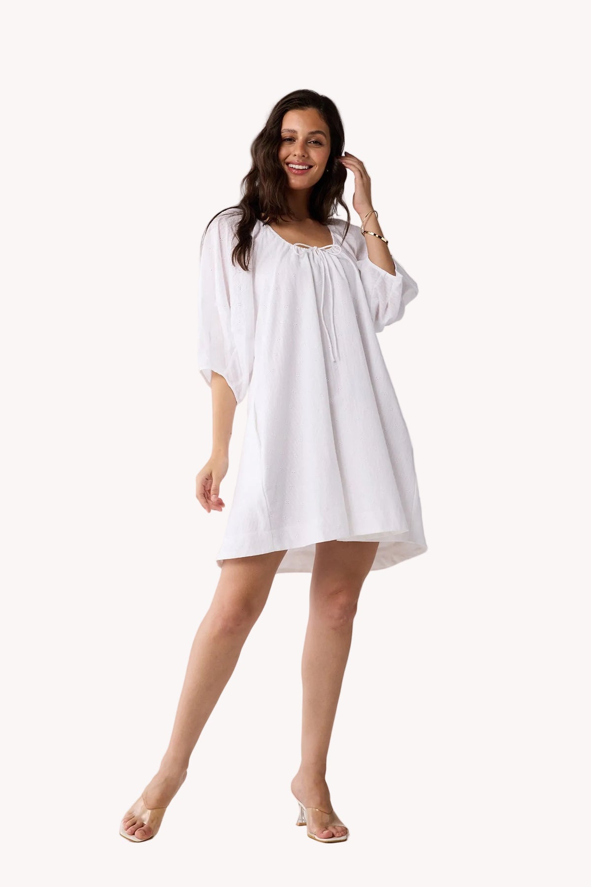 Puff Sleeved Dress with Drawstring Neckline