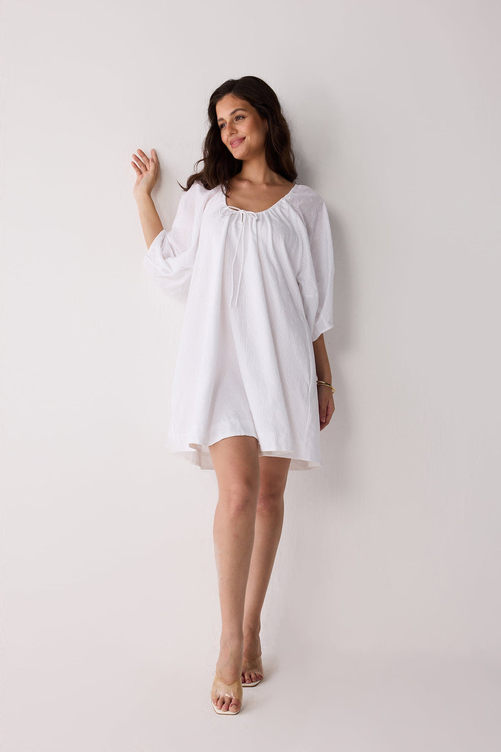 Puff Sleeved Dress with Drawstring Neckline