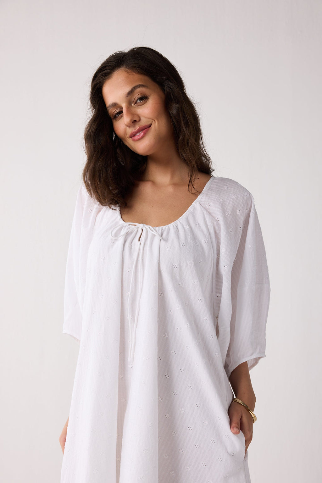 Puff Sleeved Dress with Drawstring Neckline