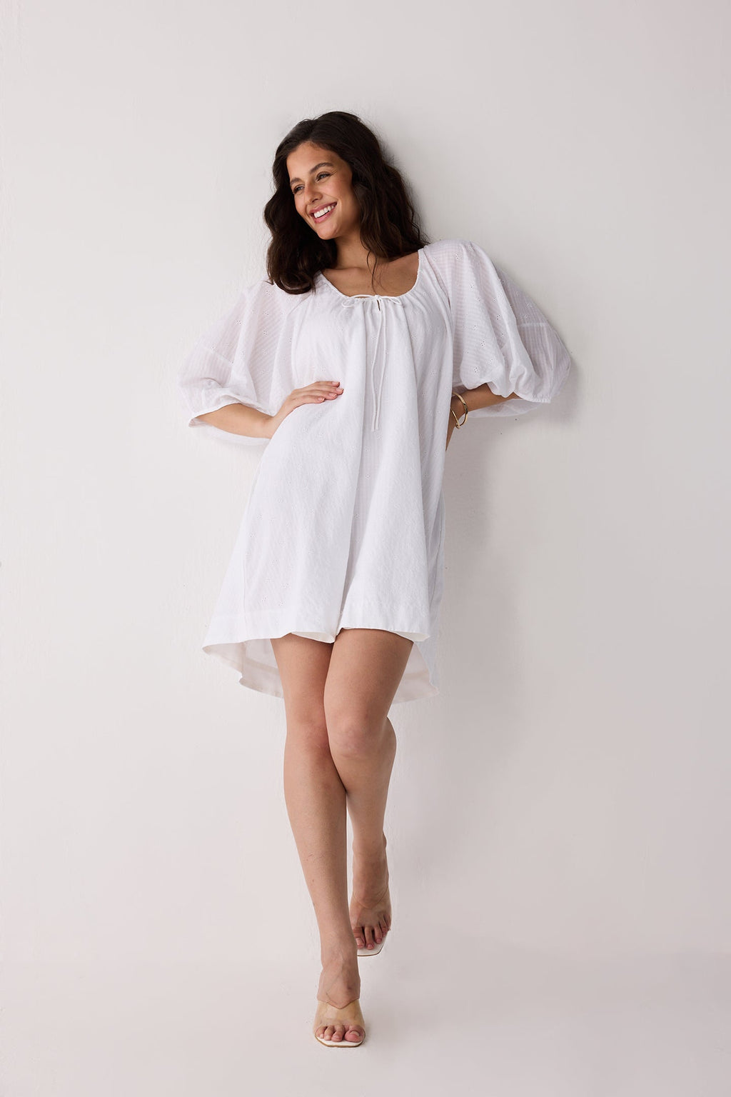 Puff Sleeved Dress with Drawstring Neckline
