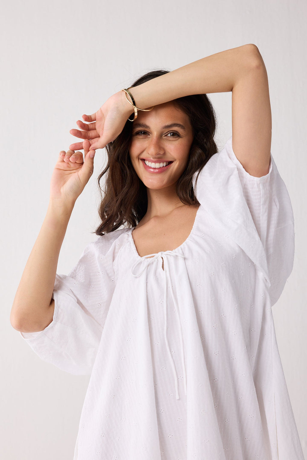 Puff Sleeved Dress with Drawstring Neckline