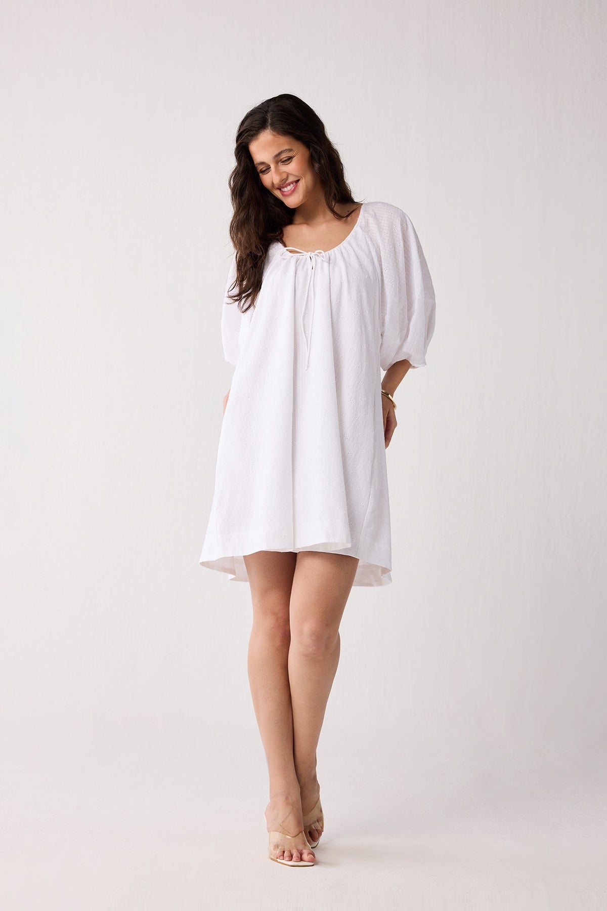 Puff Sleeved Dress with Drawstring Neckline
