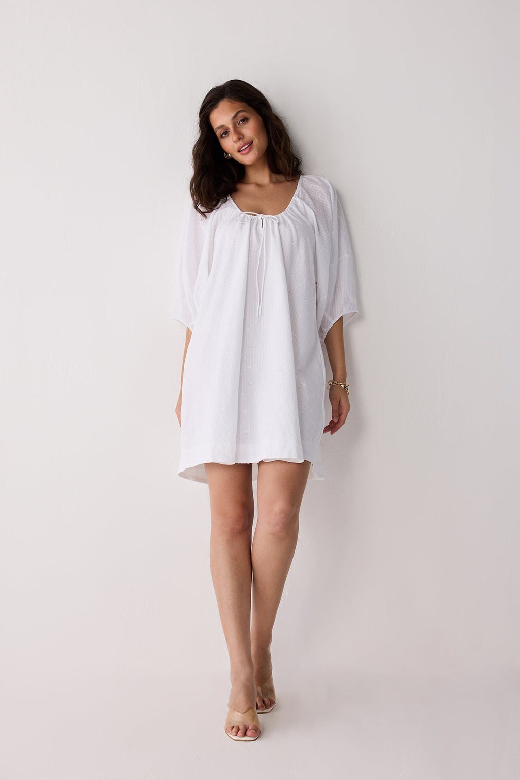 Puff Sleeved Dress with Drawstring Neckline