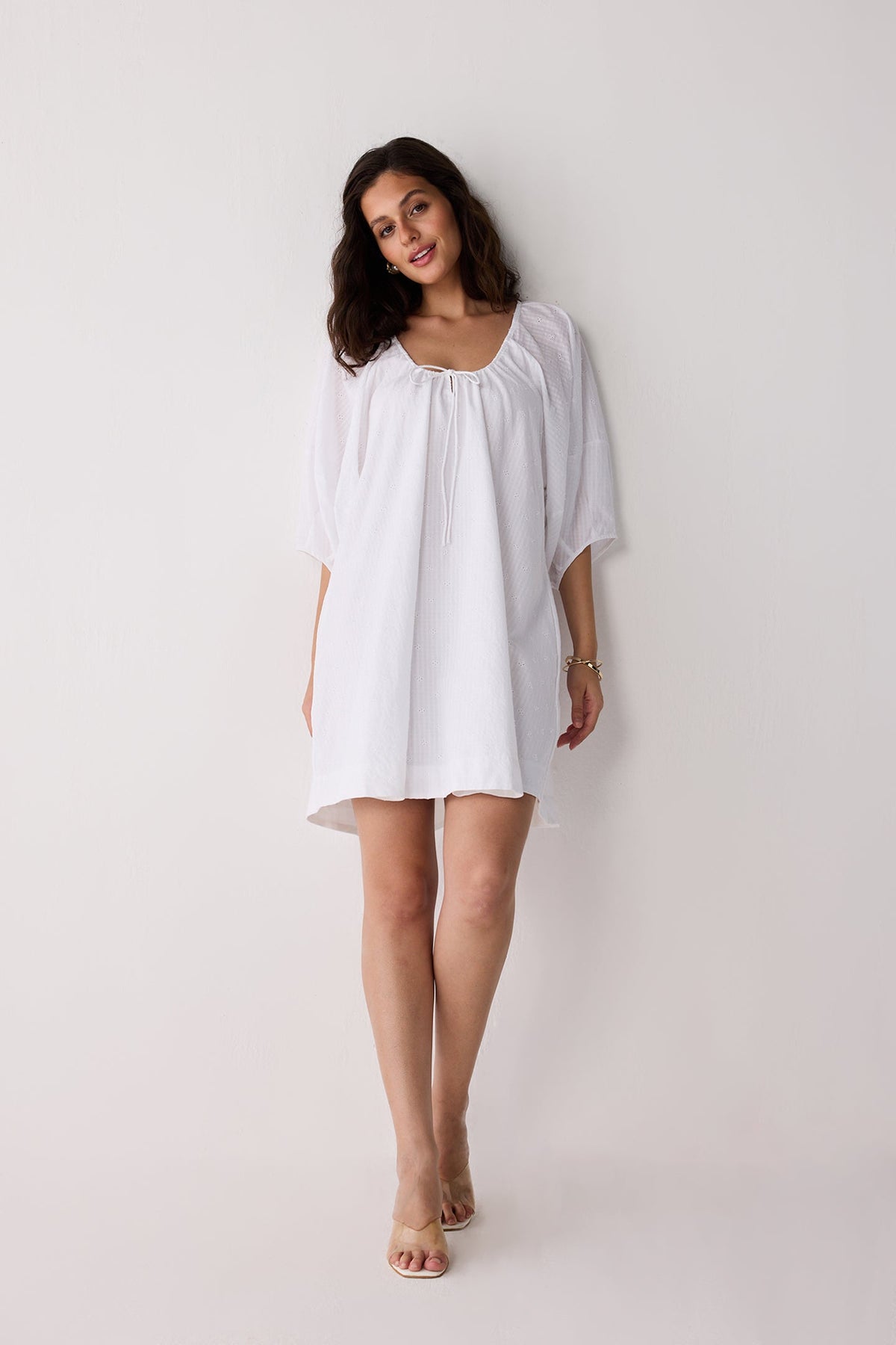 Puff Sleeved Dress with Drawstring Neckline