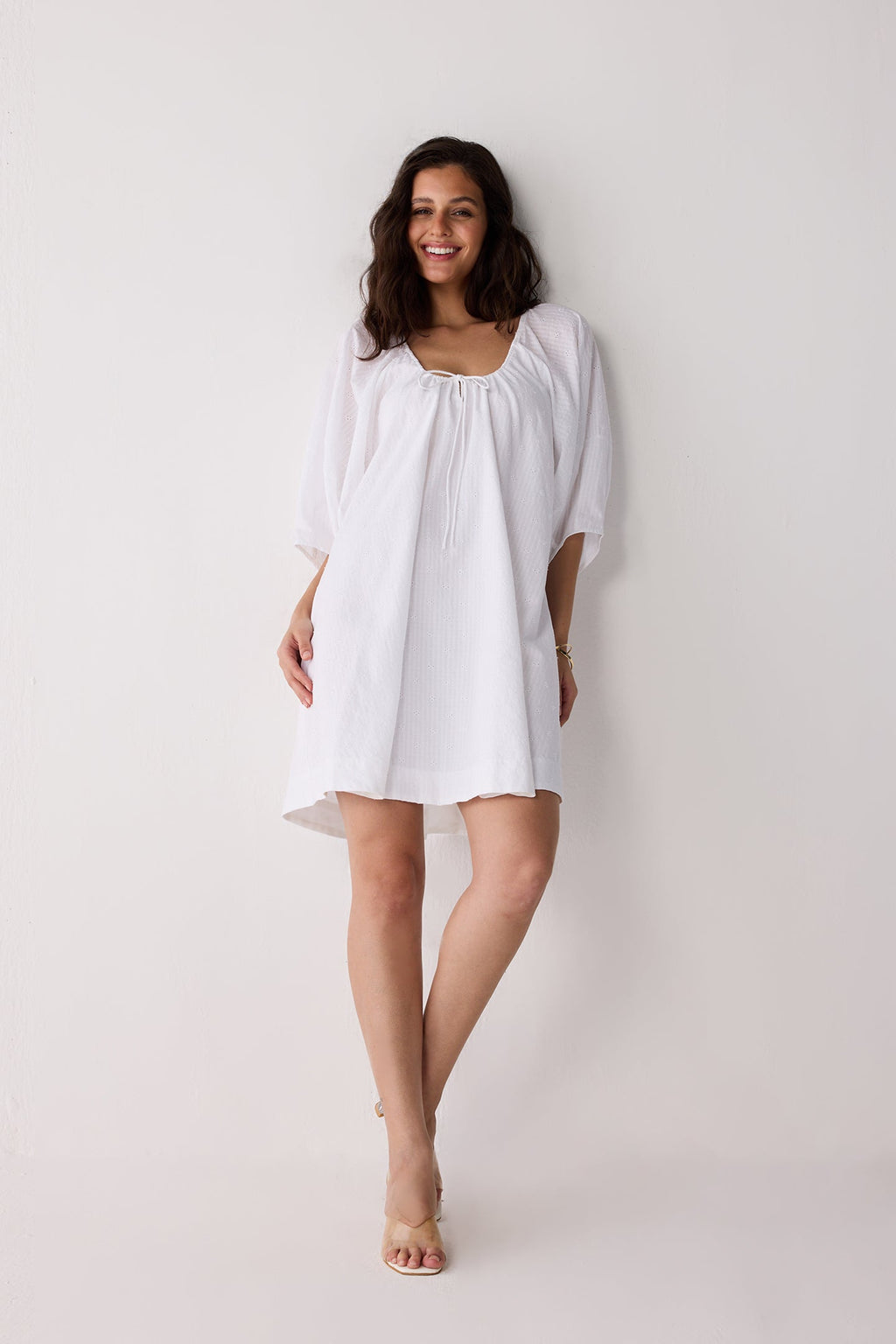 Puff Sleeved Dress with Drawstring Neckline