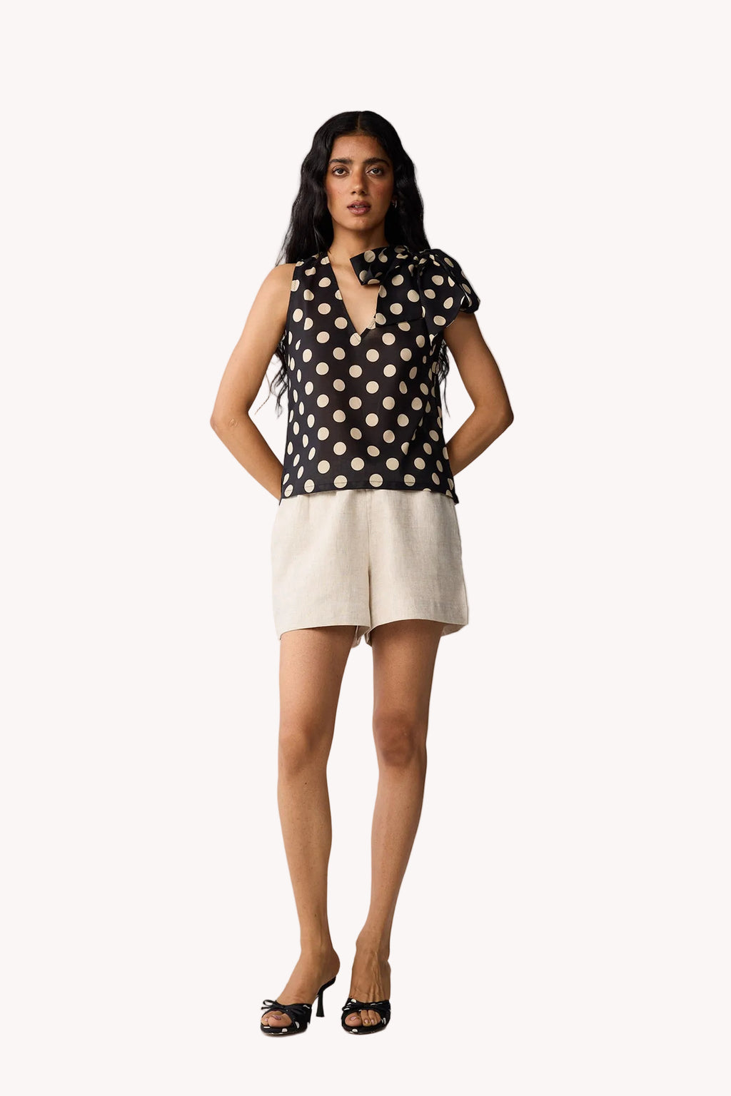 Regular V-Neck Polka Dot Top with Bow Detail