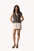 Regular V-Neck Polka Dot Top with Bow Detail