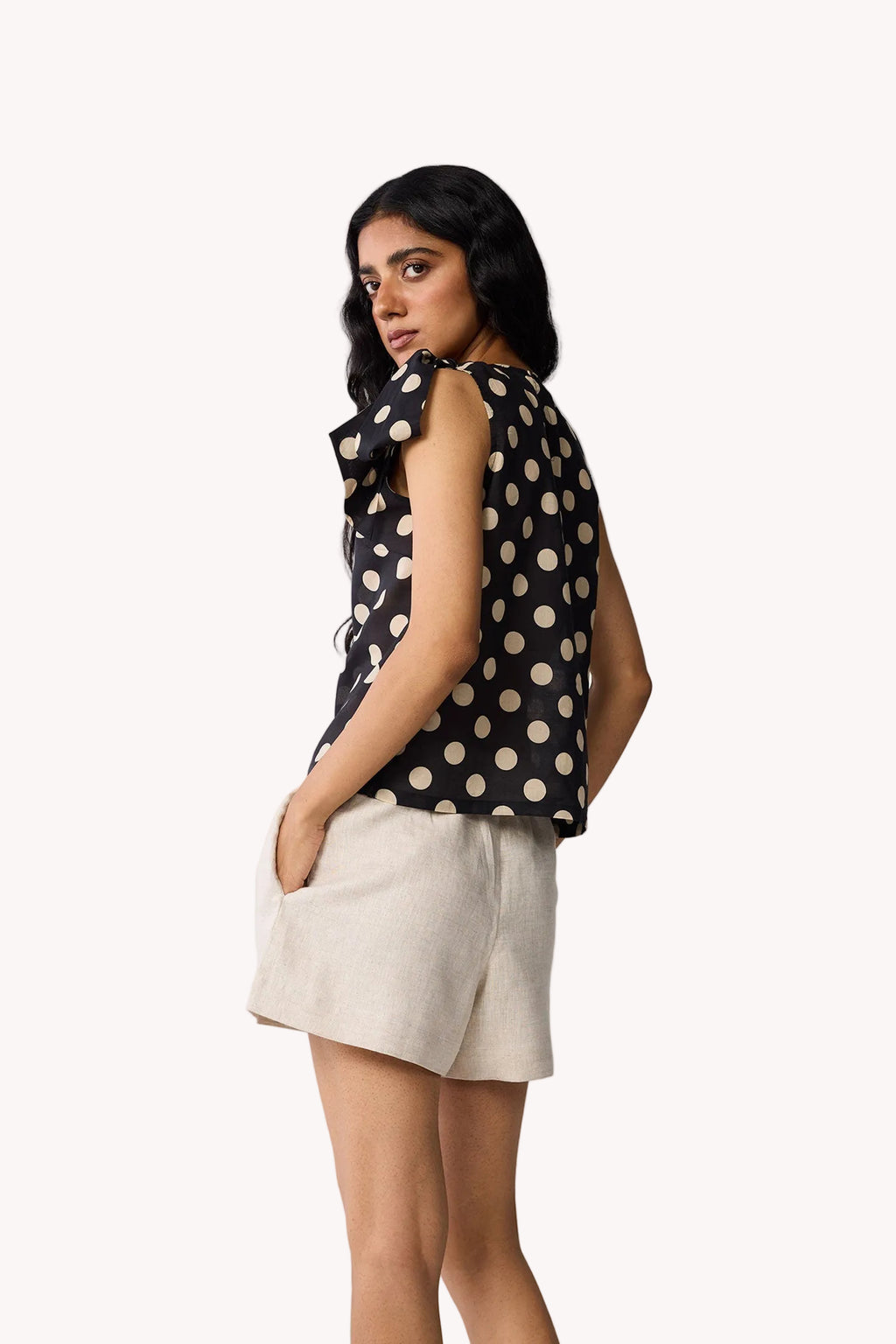 Regular V-Neck Polka Dot Top with Bow Detail