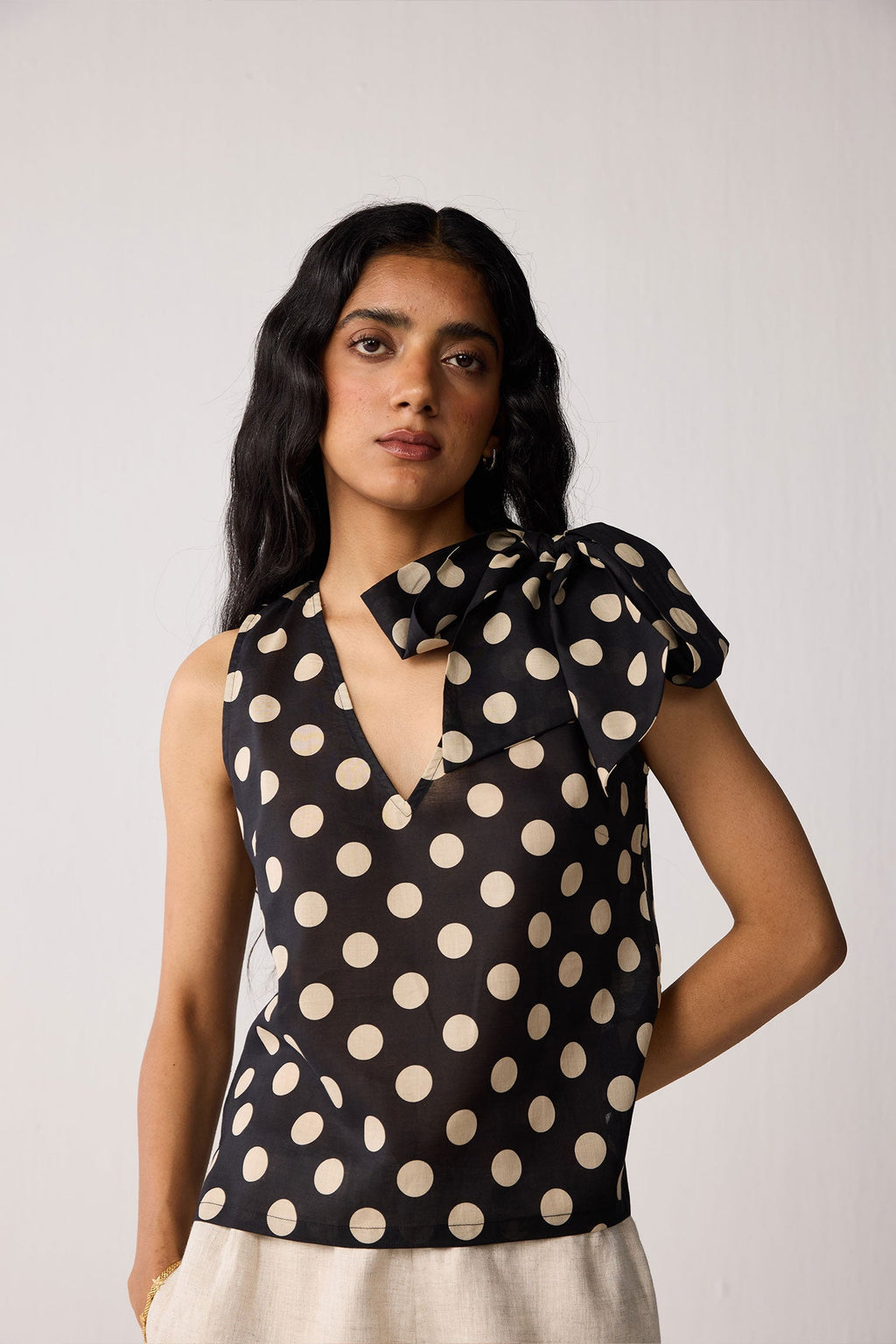 Regular V-Neck Polka Dot Top with Bow Detail