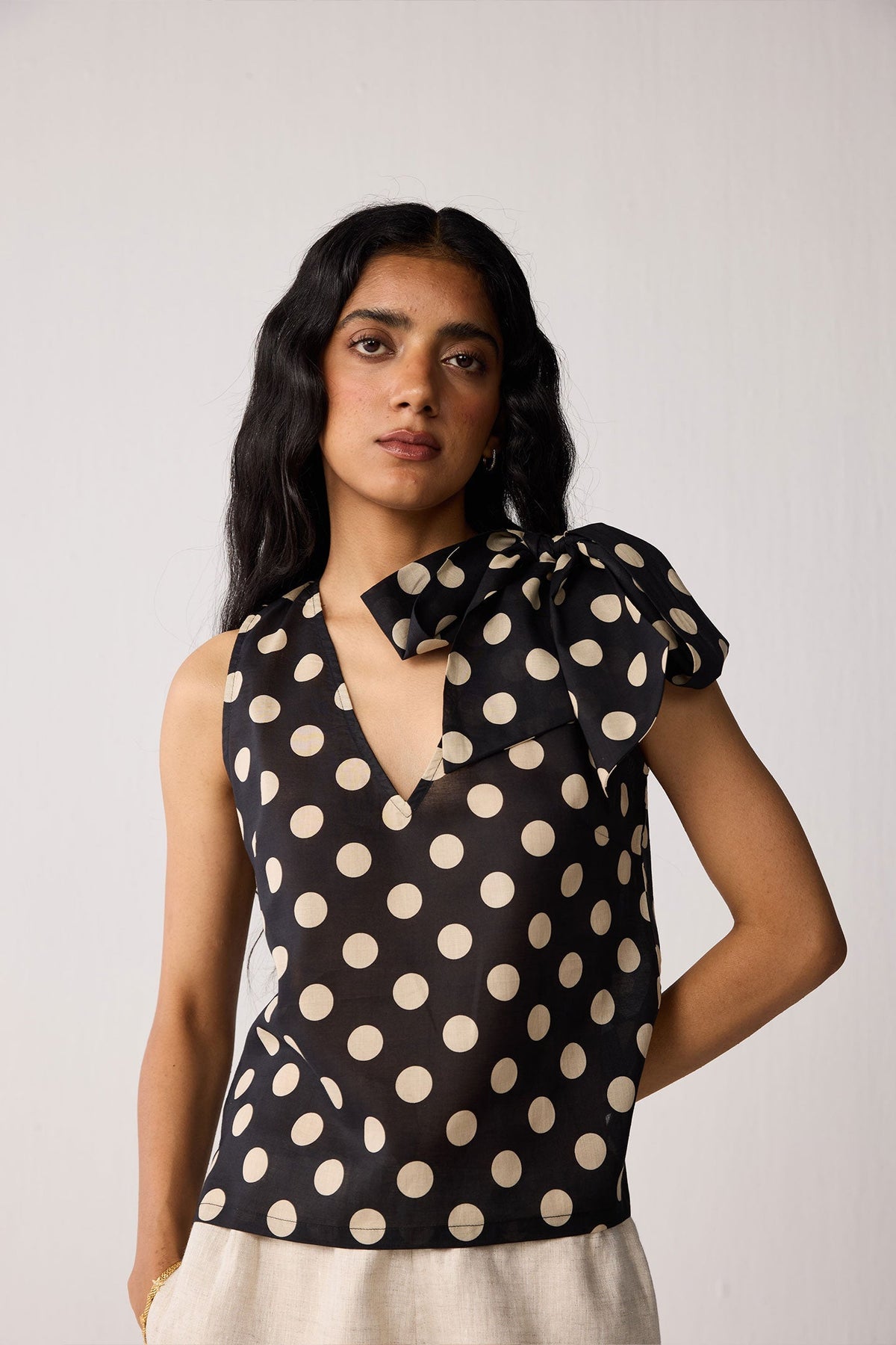 Regular V-Neck Polka Dot Top with Bow Detail