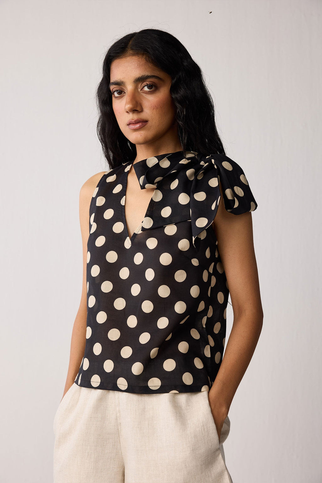 Regular V-Neck Polka Dot Top with Bow Detail