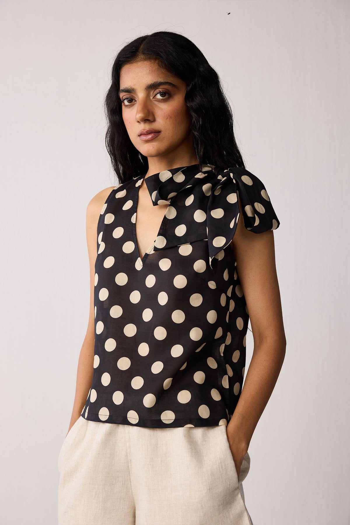 Regular V-Neck Polka Dot Top with Bow Detail