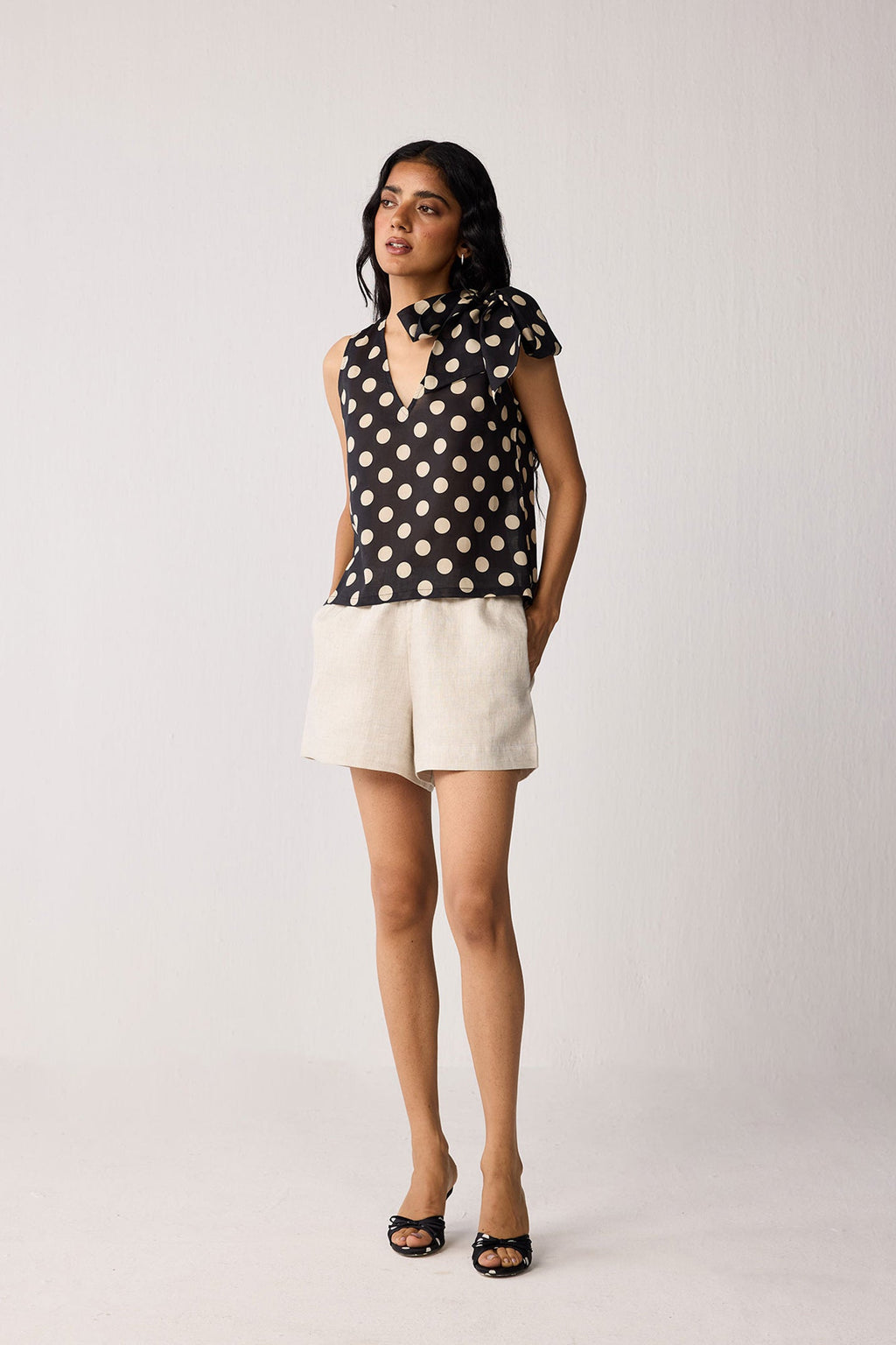 Regular V-Neck Polka Dot Top with Bow Detail