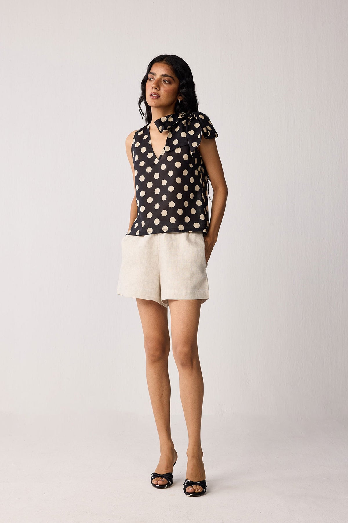 Regular V-Neck Polka Dot Top with Bow Detail