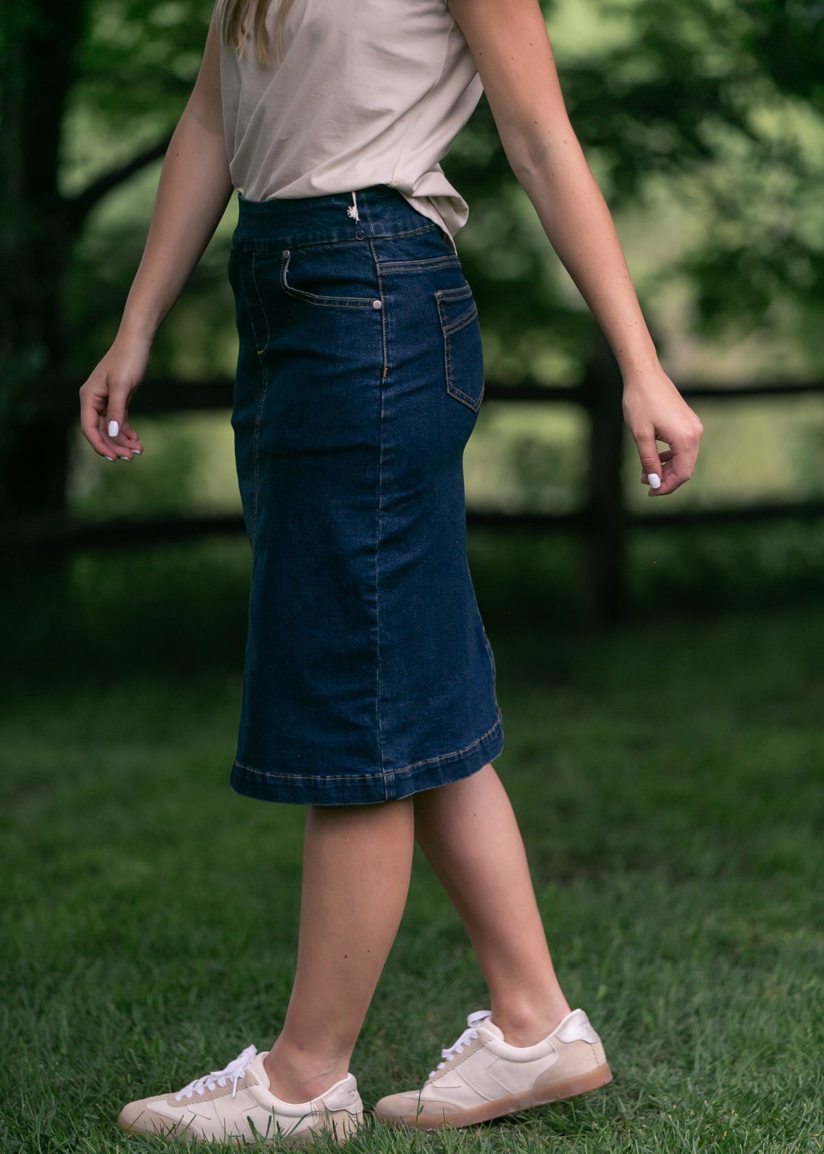 Sandra Dark Wash Denim Midi Skirt