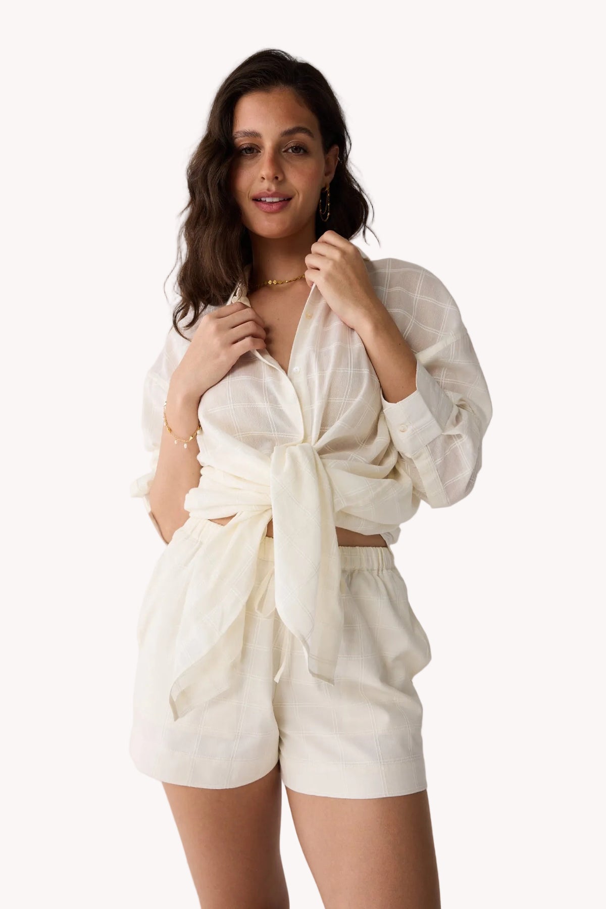 Oversized Shirt & Shorts Set in Off-White Textured Cotton