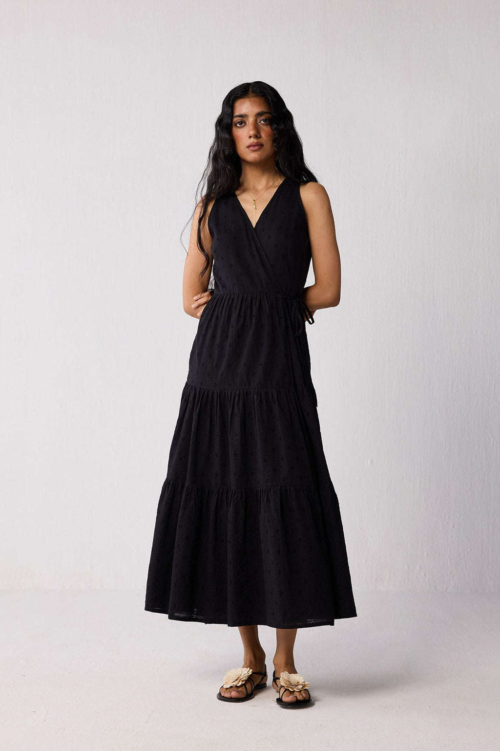 Sleeveless Embroidered Wrap Dress with Tiers in Black