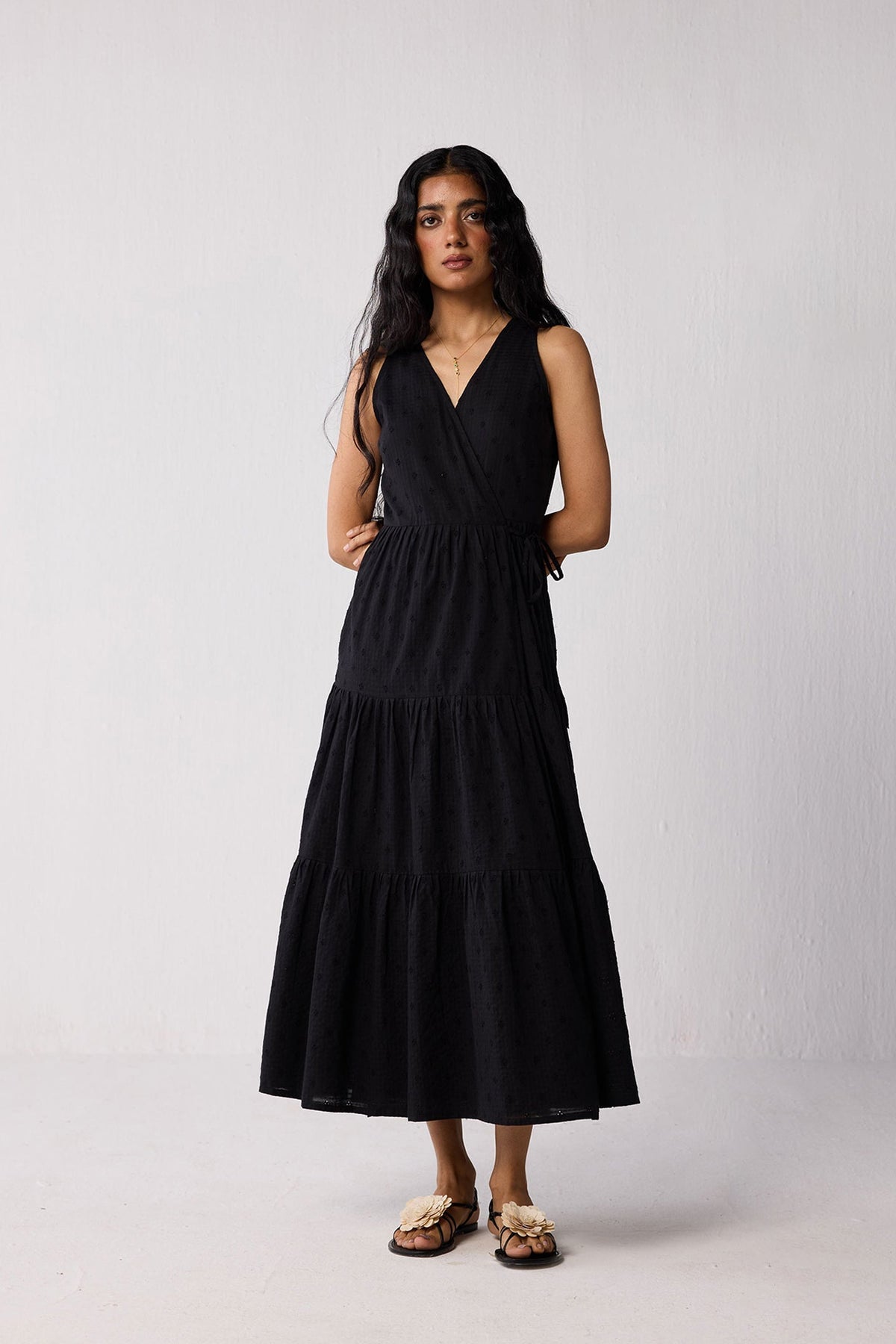 Sleeveless Embroidered Wrap Dress with Tiers in Black