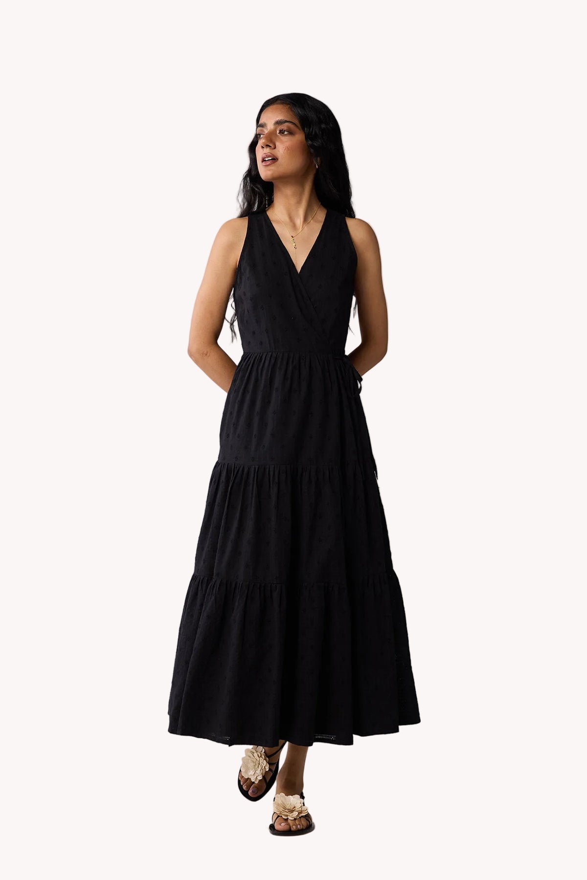 Sleeveless Embroidered Wrap Dress with Tiers in Black