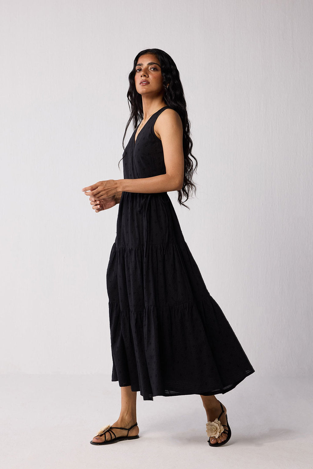 Sleeveless Embroidered Wrap Dress with Tiers in Black