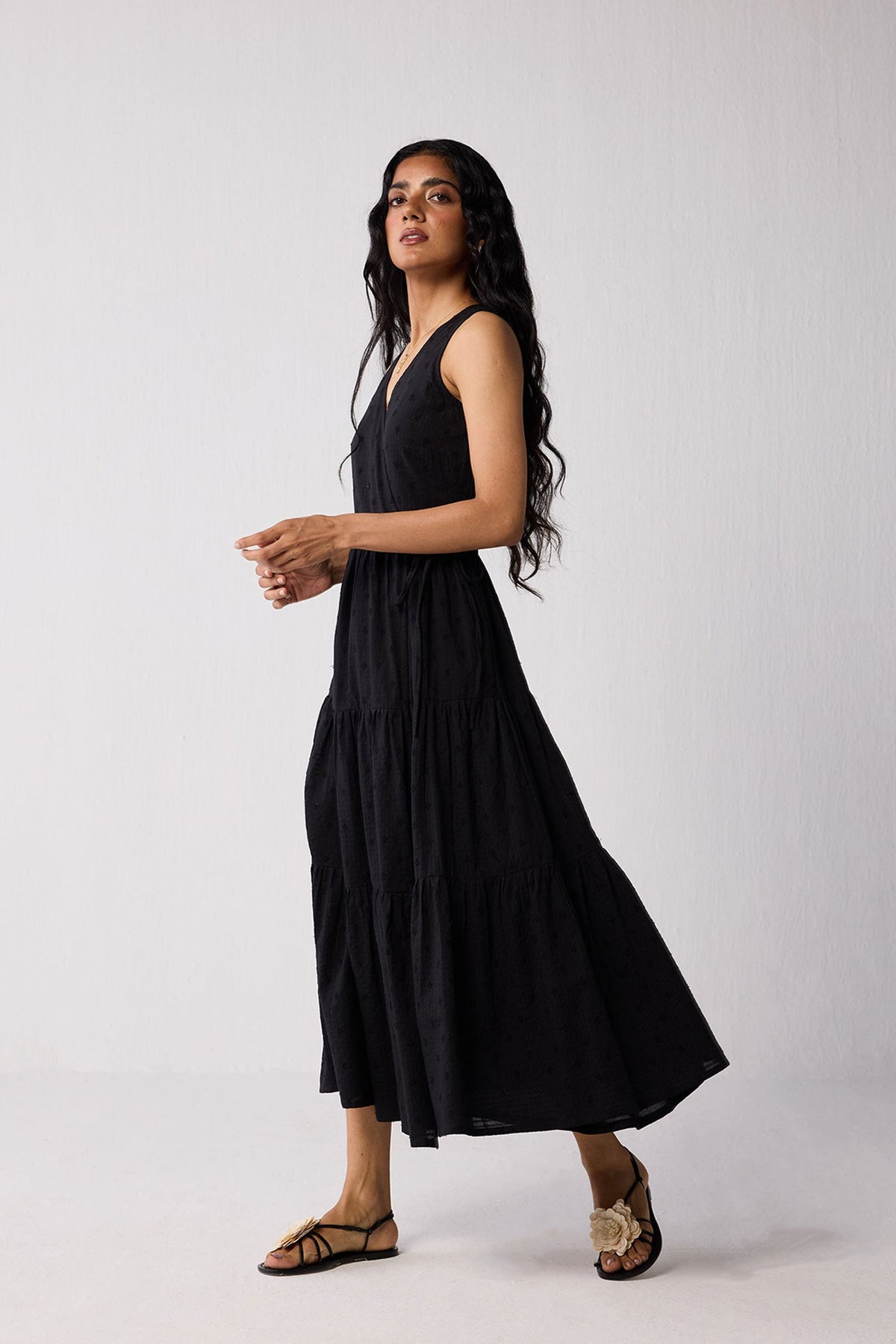 Sleeveless Embroidered Wrap Dress with Tiers in Black