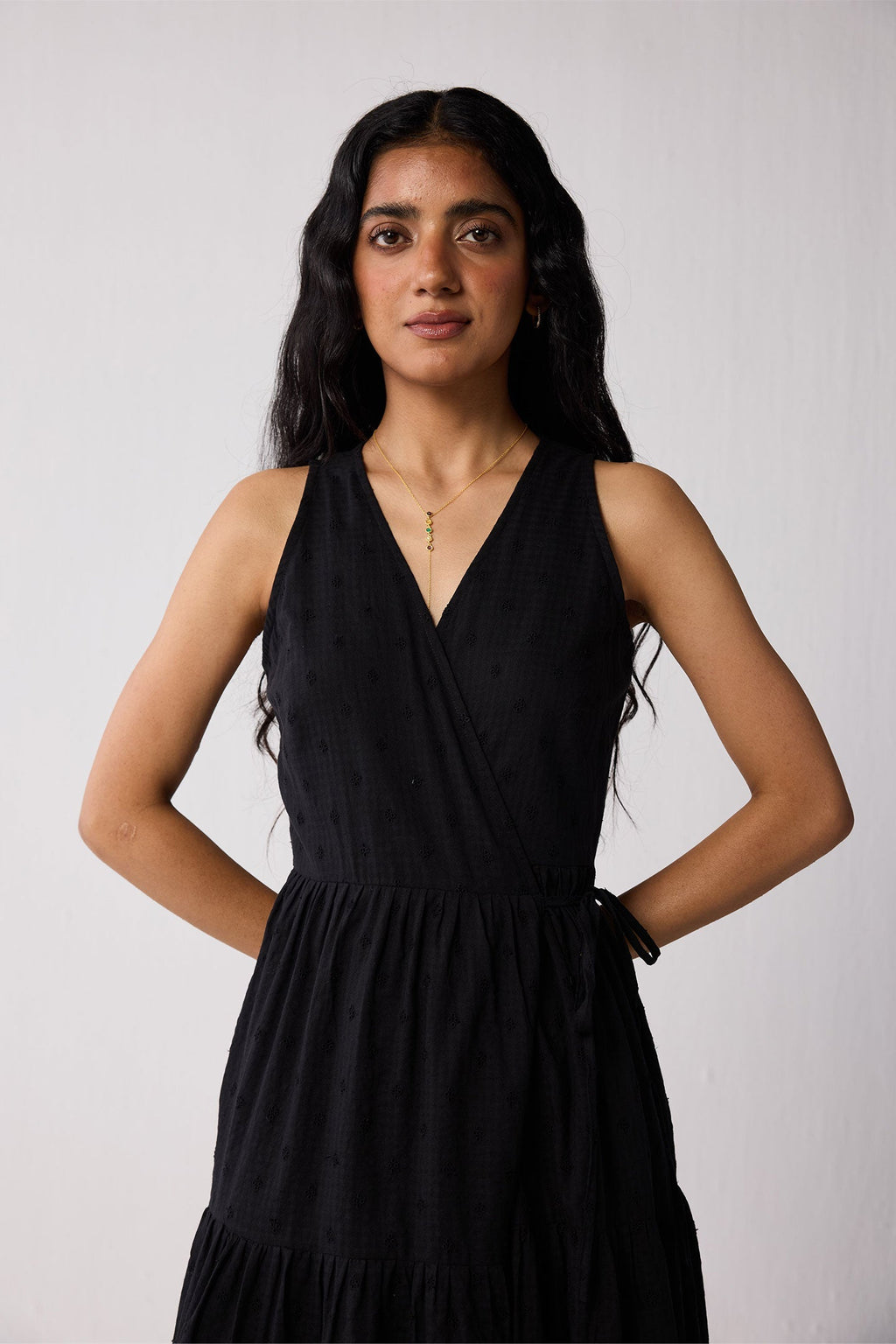 Sleeveless Embroidered Wrap Dress with Tiers in Black