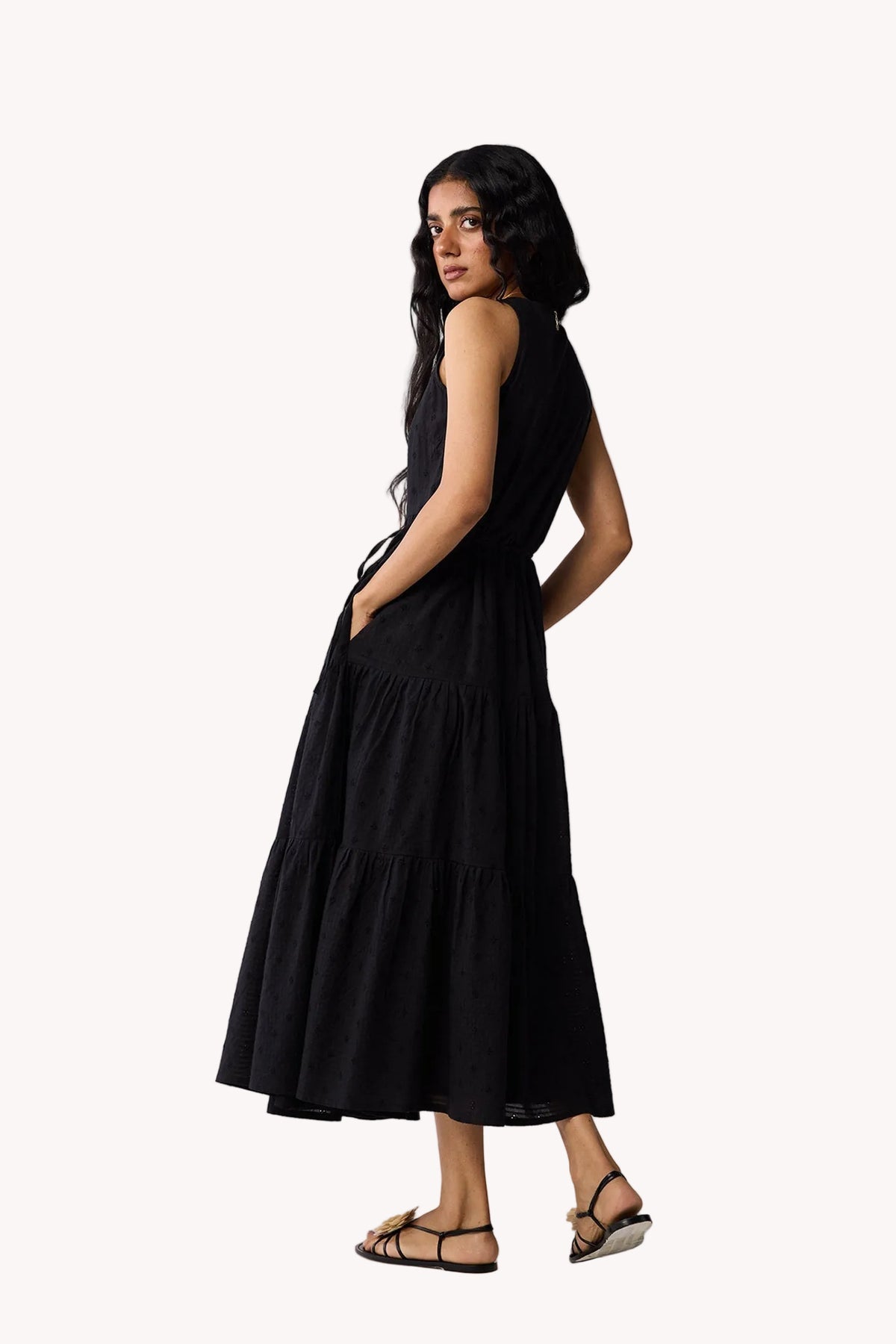 Sleeveless Embroidered Wrap Dress with Tiers in Black