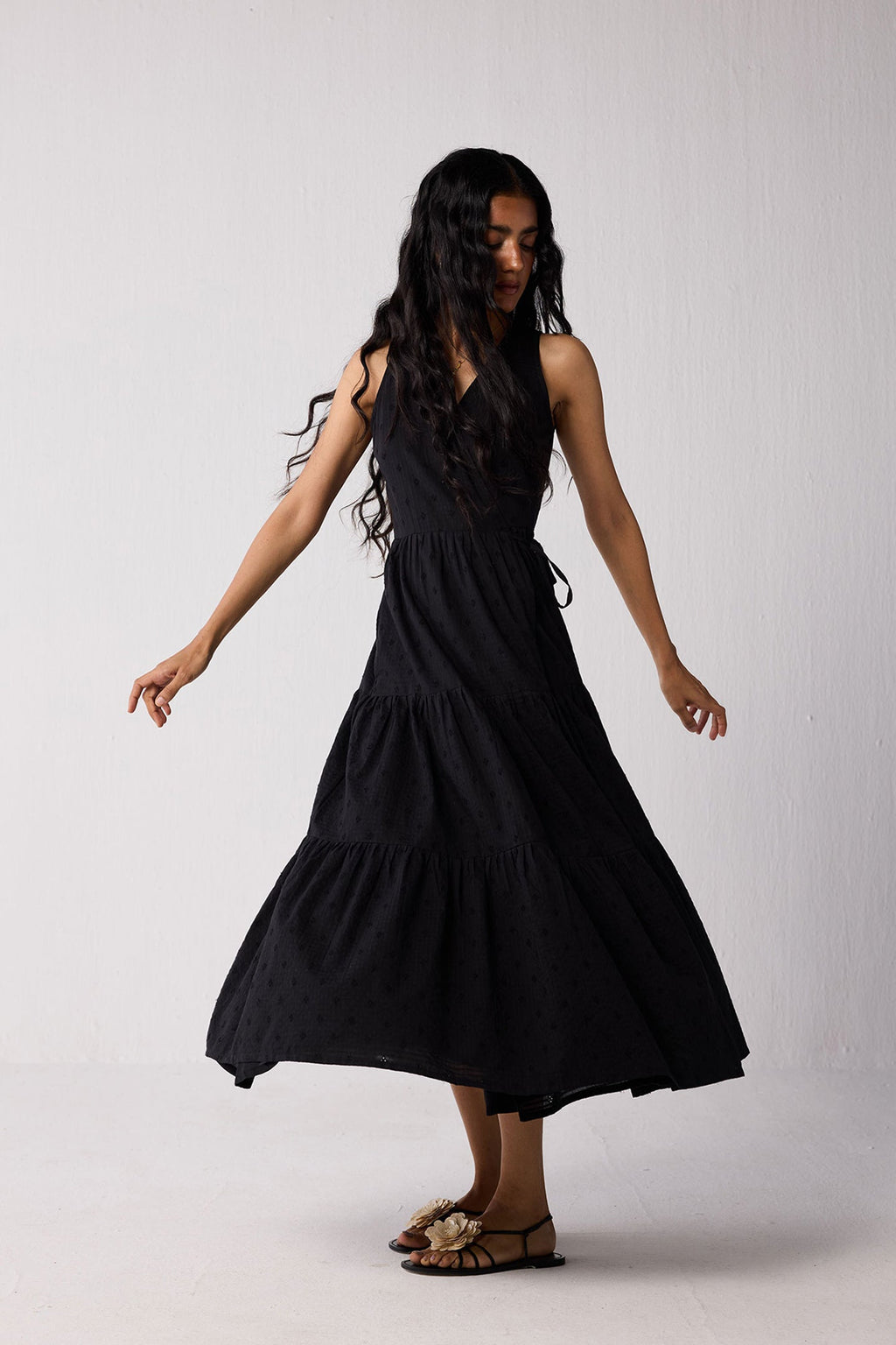 Sleeveless Embroidered Wrap Dress with Tiers in Black