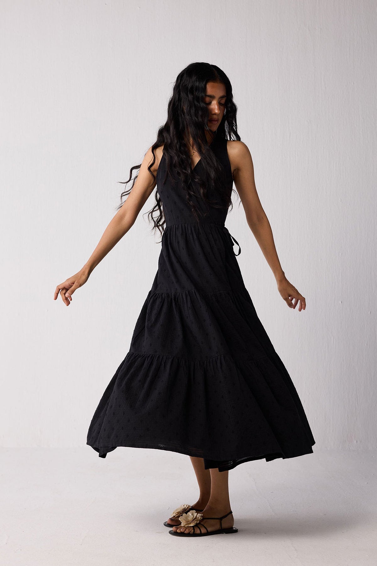 Sleeveless Embroidered Wrap Dress with Tiers in Black