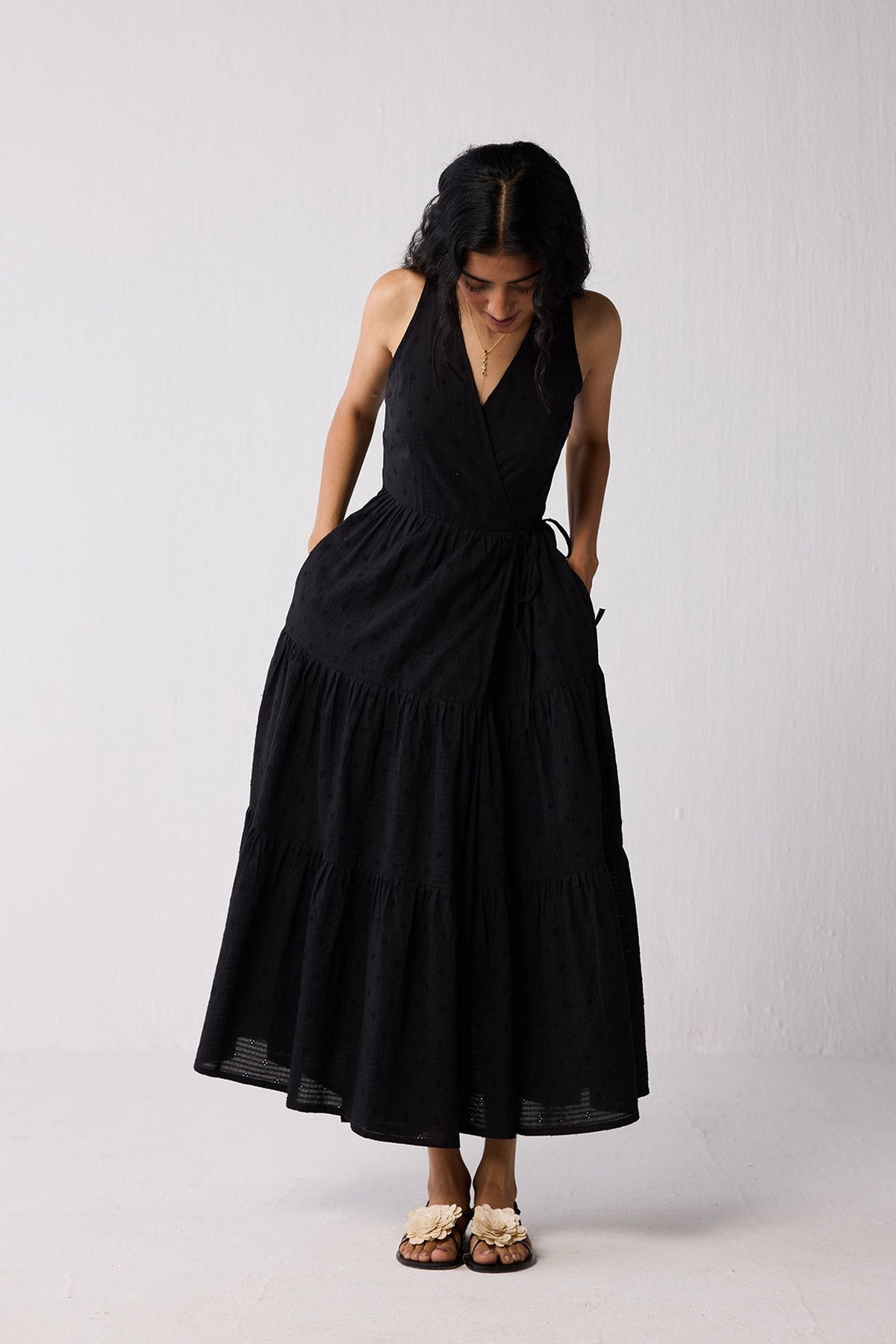 Sleeveless Embroidered Wrap Dress with Tiers in Black