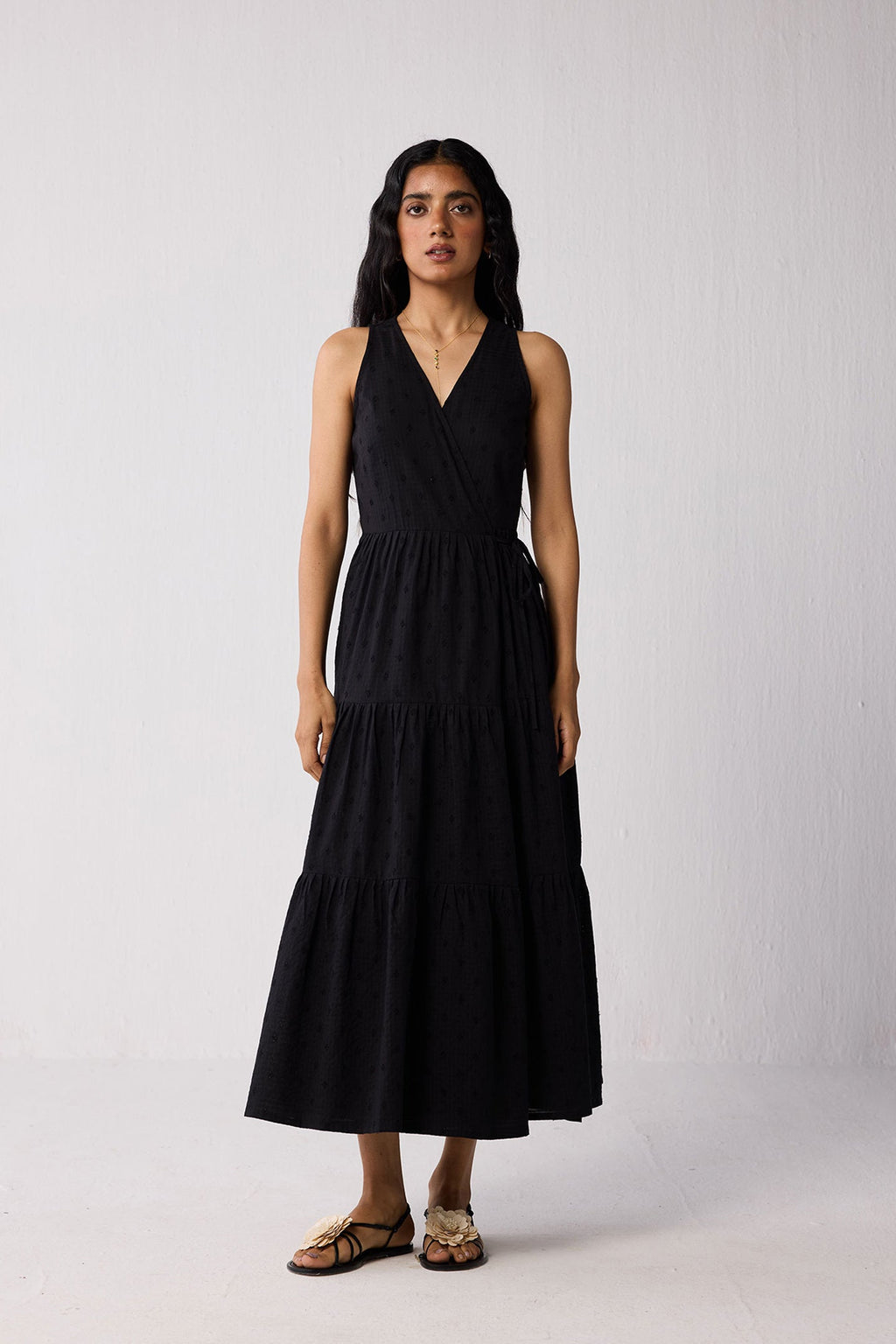 Sleeveless Embroidered Wrap Dress with Tiers in Black