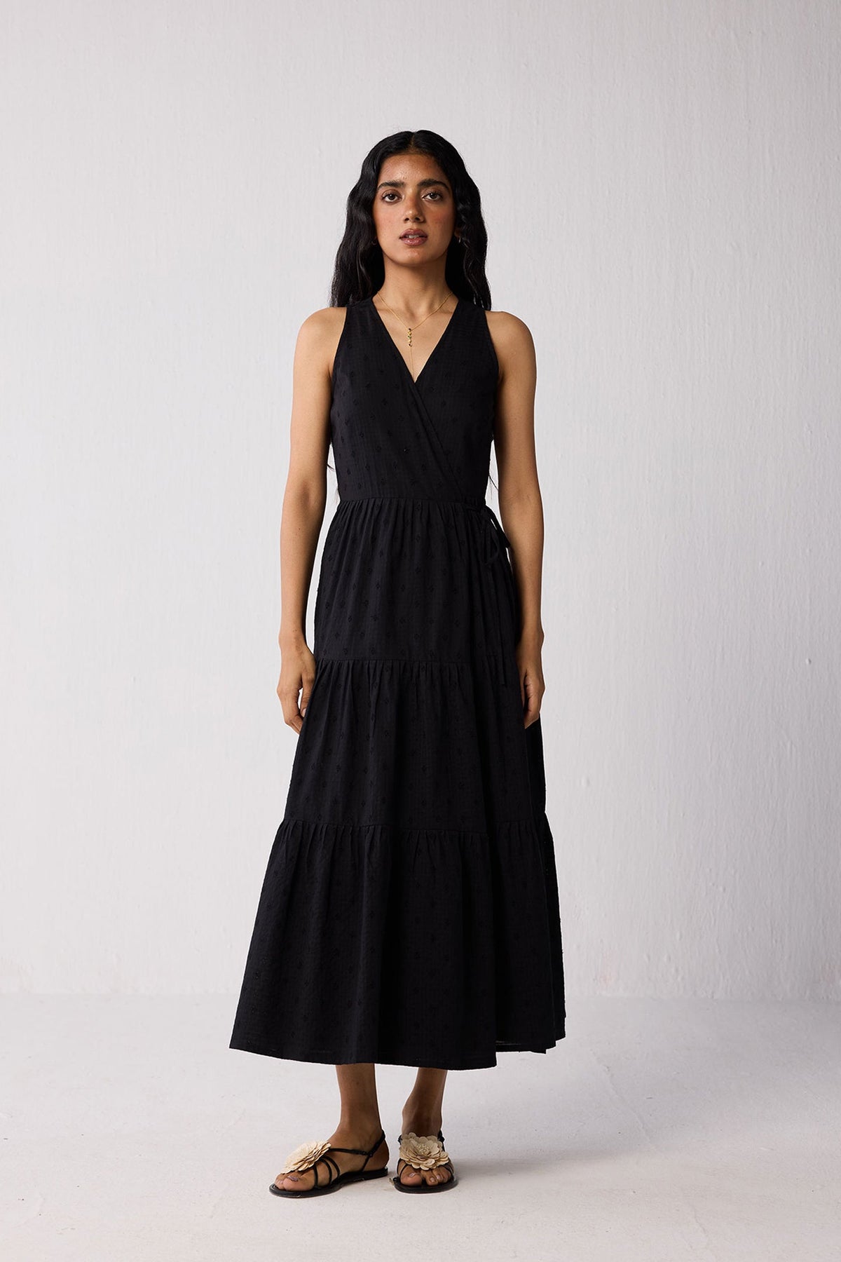 Sleeveless Embroidered Wrap Dress with Tiers in Black