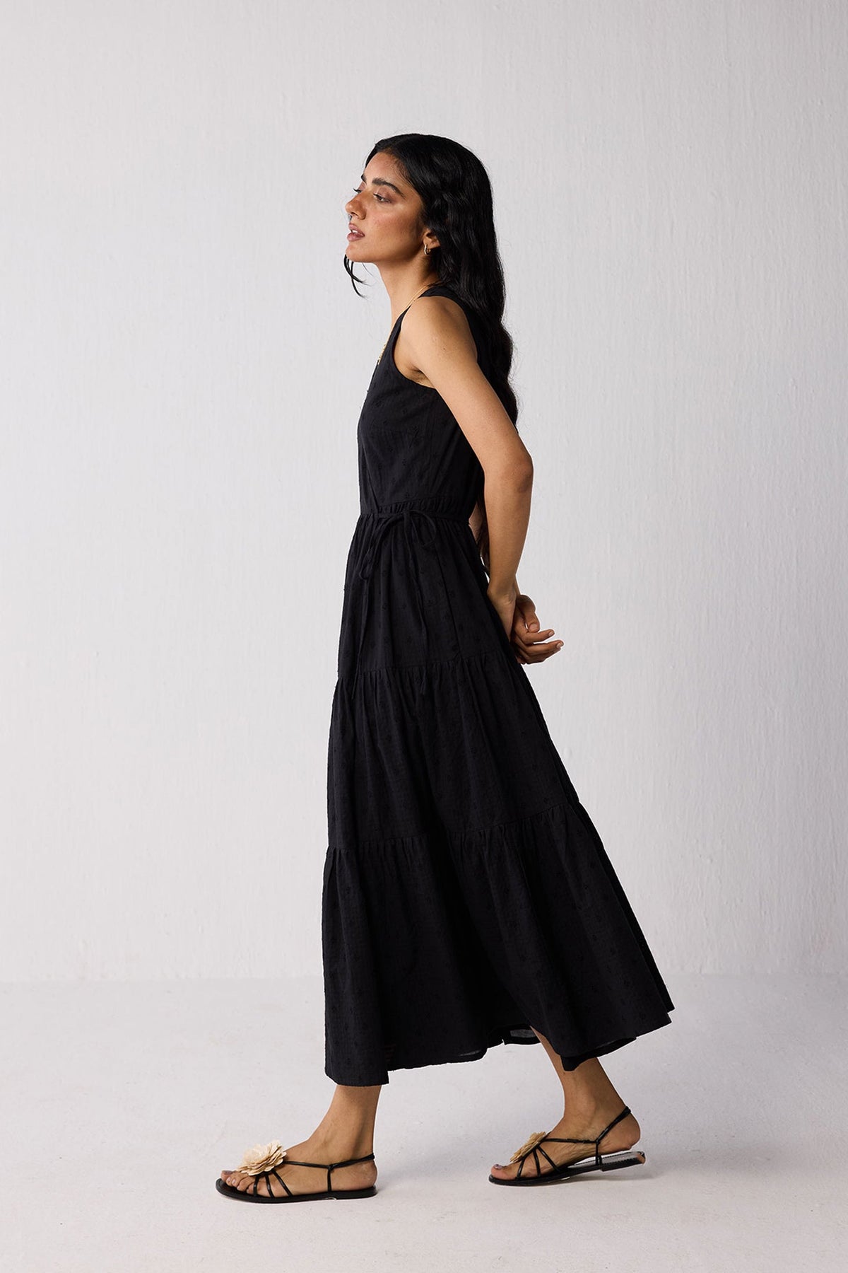 Sleeveless Embroidered Wrap Dress with Tiers in Black