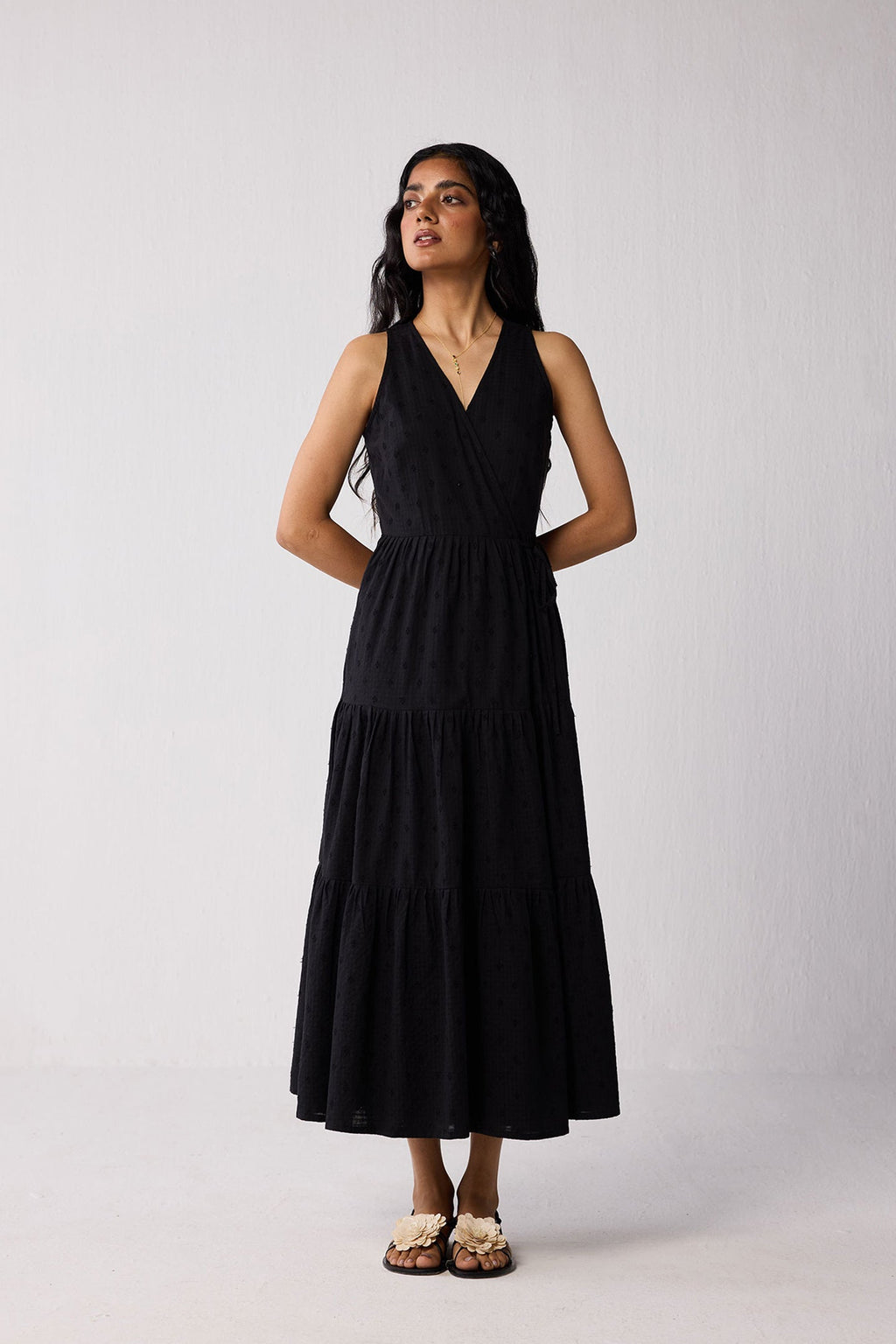 Sleeveless Embroidered Wrap Dress with Tiers in Black