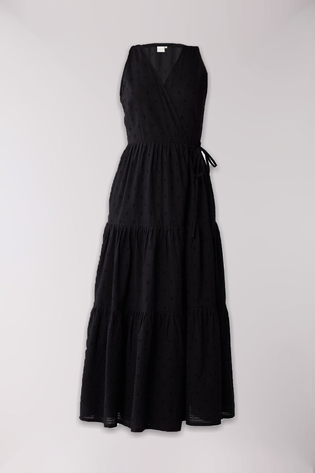 Sleeveless Embroidered Wrap Dress with Tiers in Black