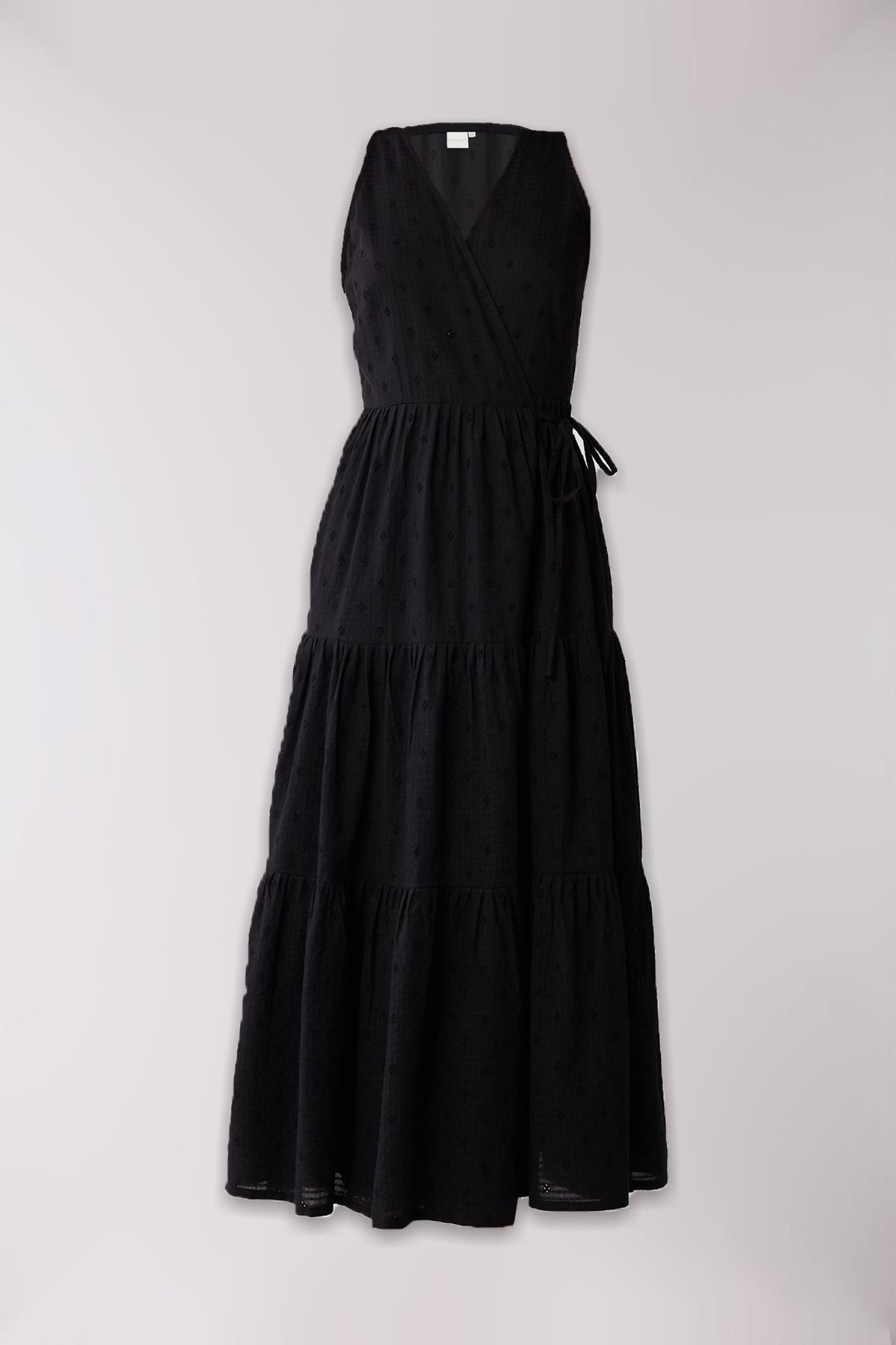 Sleeveless Embroidered Wrap Dress with Tiers in Black
