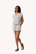Striped Matching Set with Regular Shorts and V-neck Top