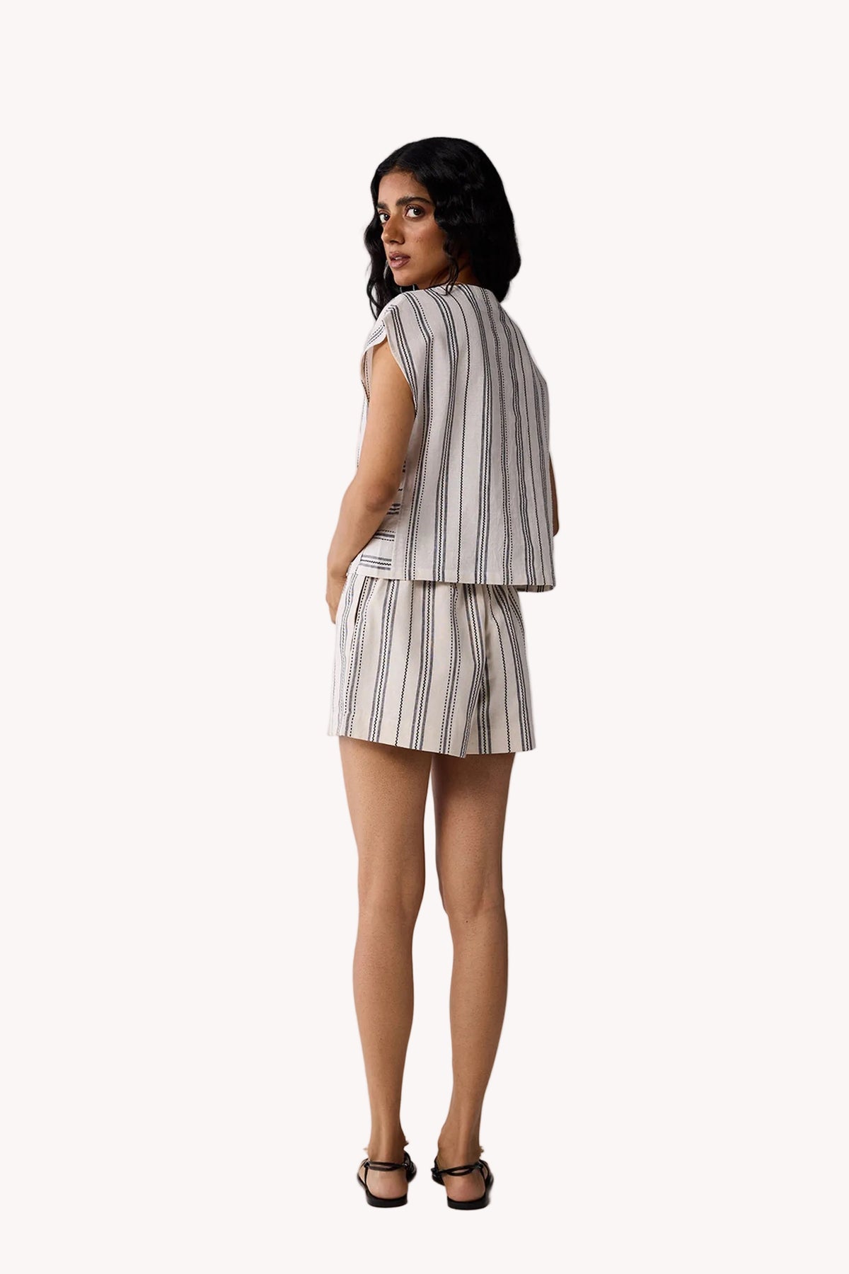 Striped Matching Set with Regular Shorts and V-neck Top