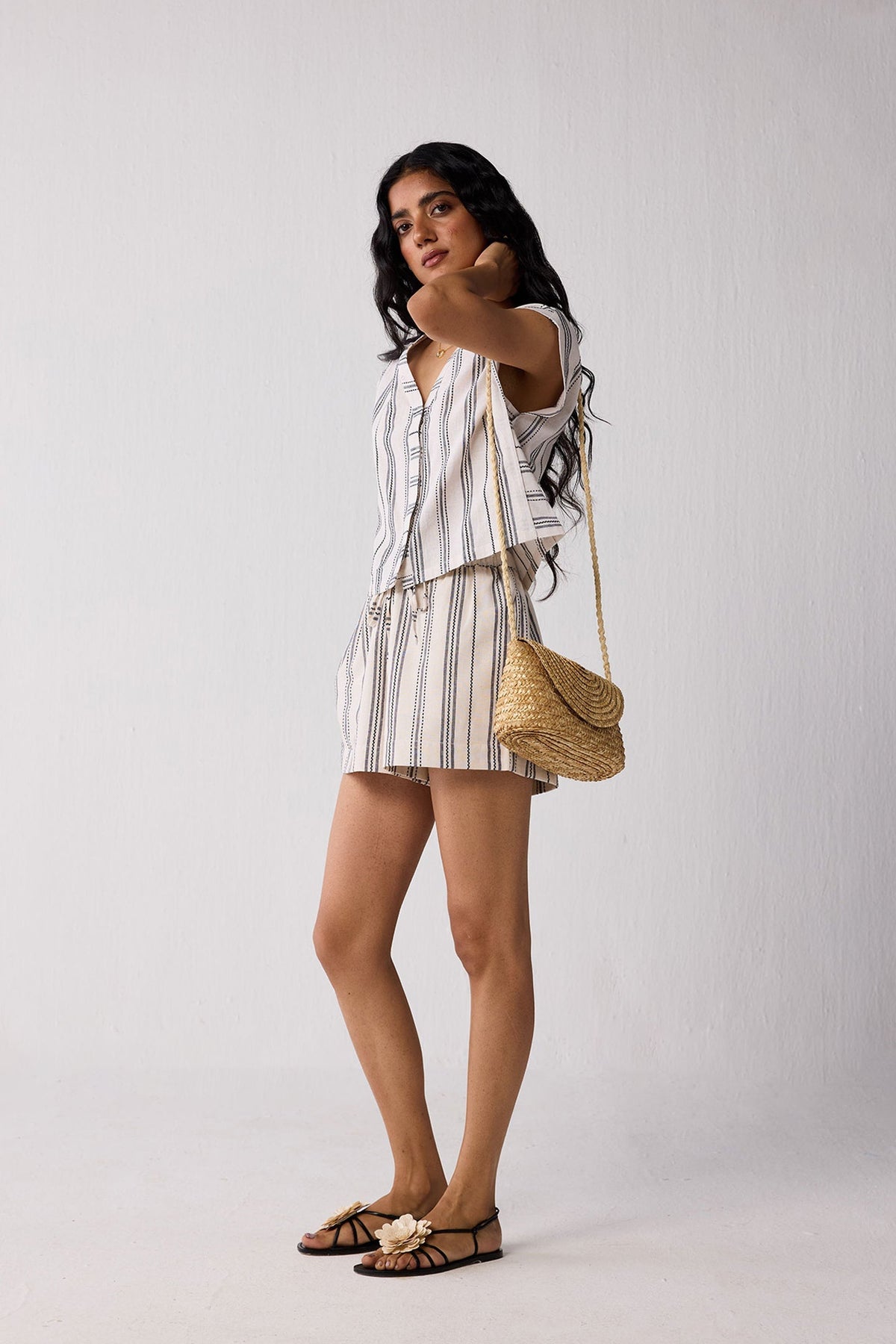 Striped Matching Set with Regular Shorts and V-neck Top