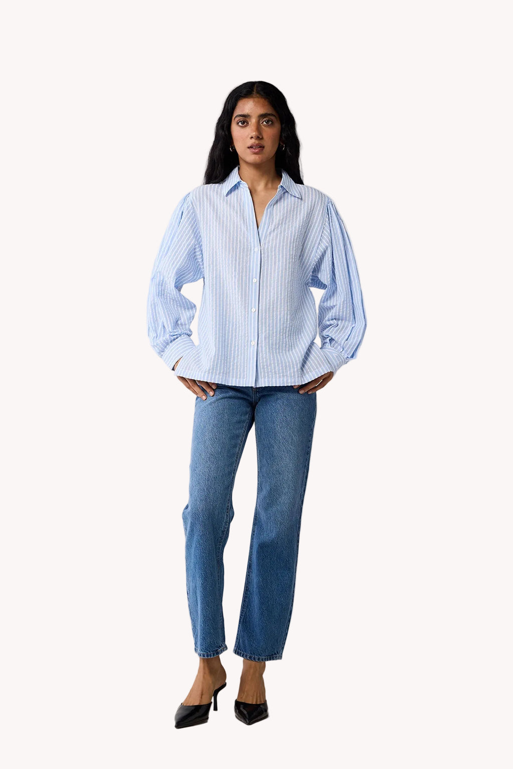 Striped Shirt with Long Balloon Sleeves in Blue
